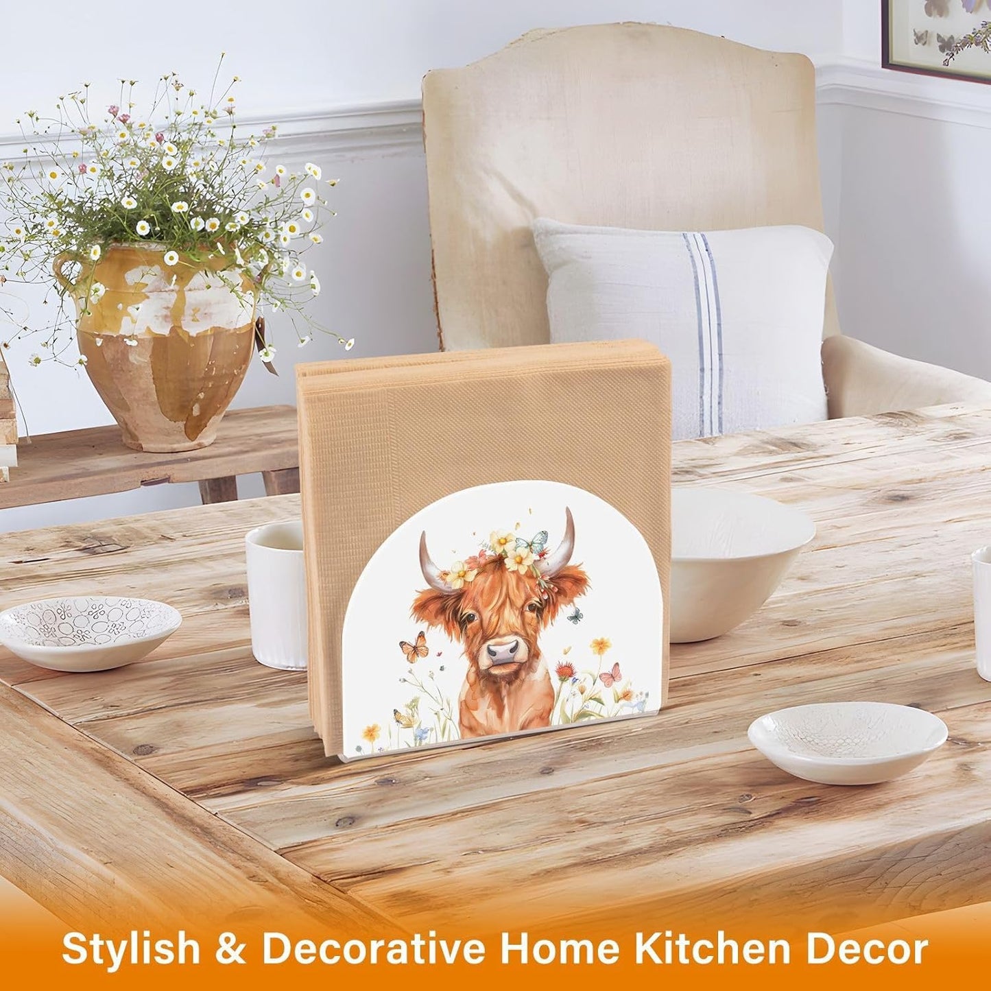 Highland Cow with Butterflies Napkin Holder for Table Paper Napkins Holder Acrylic Tissue Dispenser Kitchen Dining Room Bathroom Party Car Decor