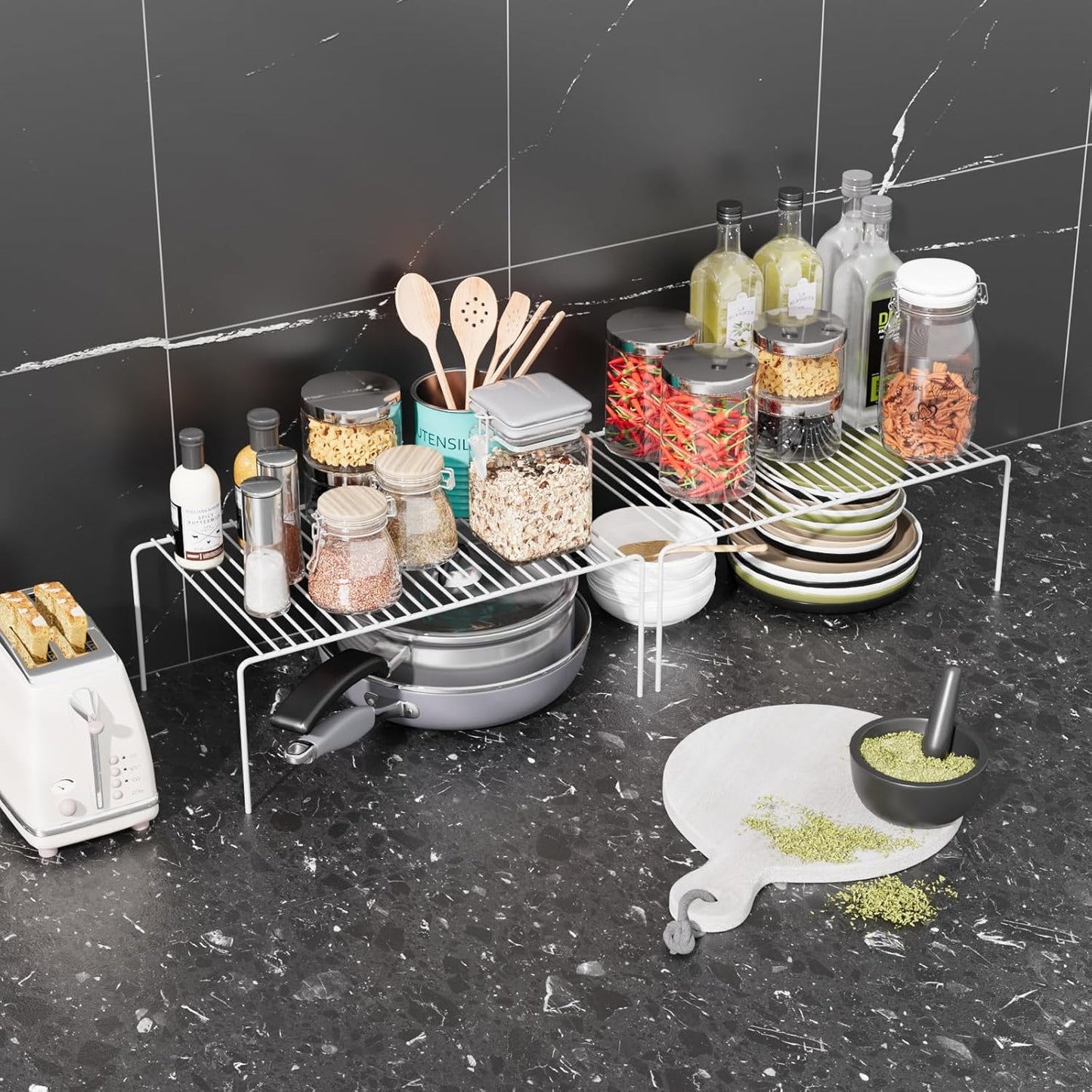 Medium(13 x 9.4 inch)White Cabinet Storage Shelf Rack Set of 4, Rustproof Metal Wire Kitchen Counter Organizers and Storage, Spice Organization for Cabinet, Plate, Dish, Pantry, Bathroom, Fridge