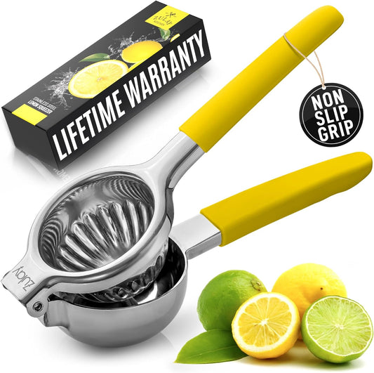Zulay Lemon Squeezer Stainless Steel with Premium Heavy Duty Solid Metal Squeezer Bowl and Food Grade Silicone Handles - Large Manual Citrus Press Juicer and Lime Squeezer Stainless Steel (Yellow)