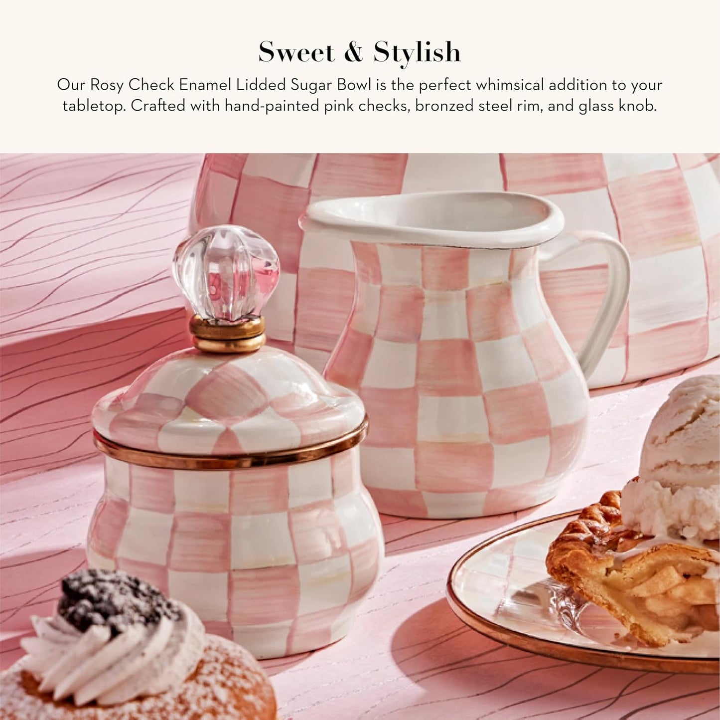 MACKENZIE-CHILDS Enamel Lidded Sugar Bowl, Small Serving Bowl with Lid, 10-Ounce Capacity, Pink-and-White Rosy Check
