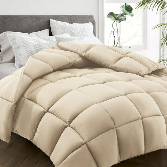 HYLEORY All Season Twin Size Bed Comforter - Cooling Down Alternative Quilted Duvet Insert with Corner Tabs - Winter Warm - Machine Washable - Beige