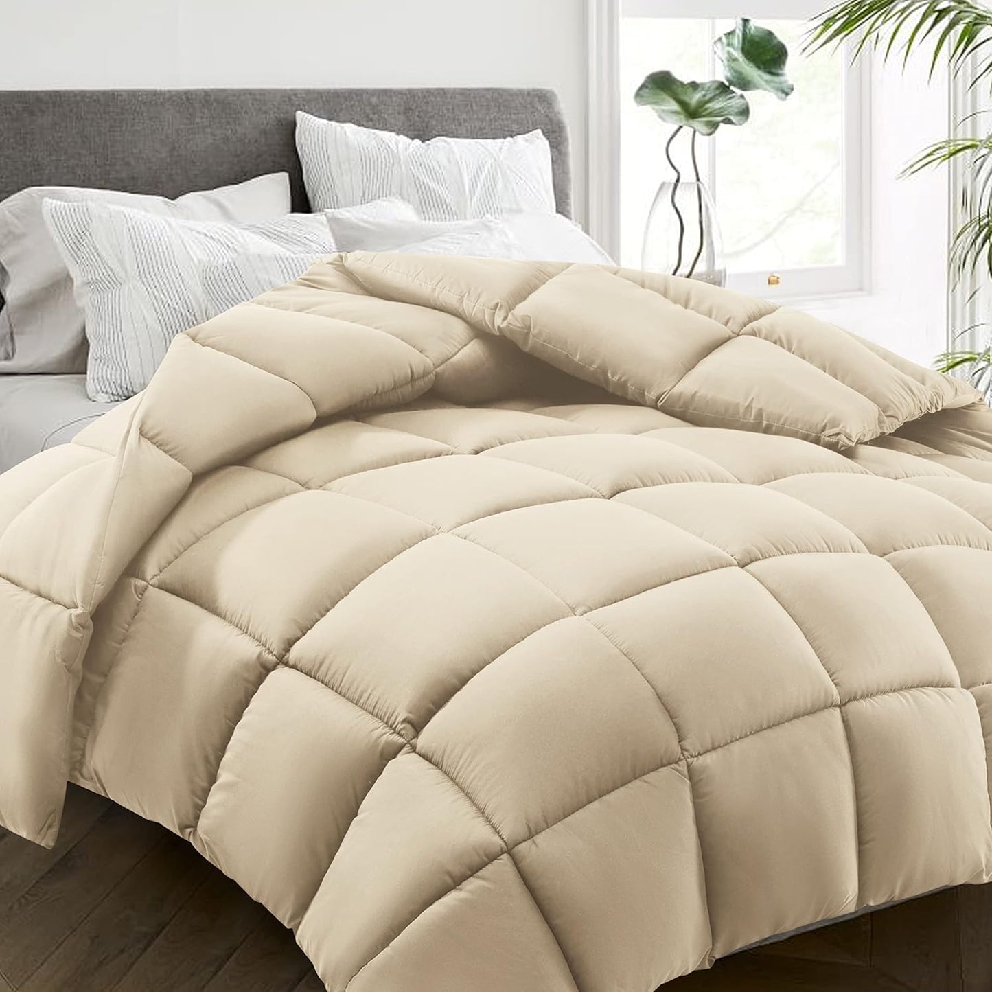 HYLEORY All Season California King Size Bed Comforter - Cooling Down Alternative Quilted Duvet Insert with Corner Tabs - Winter Warm - Machine Washable - Beige