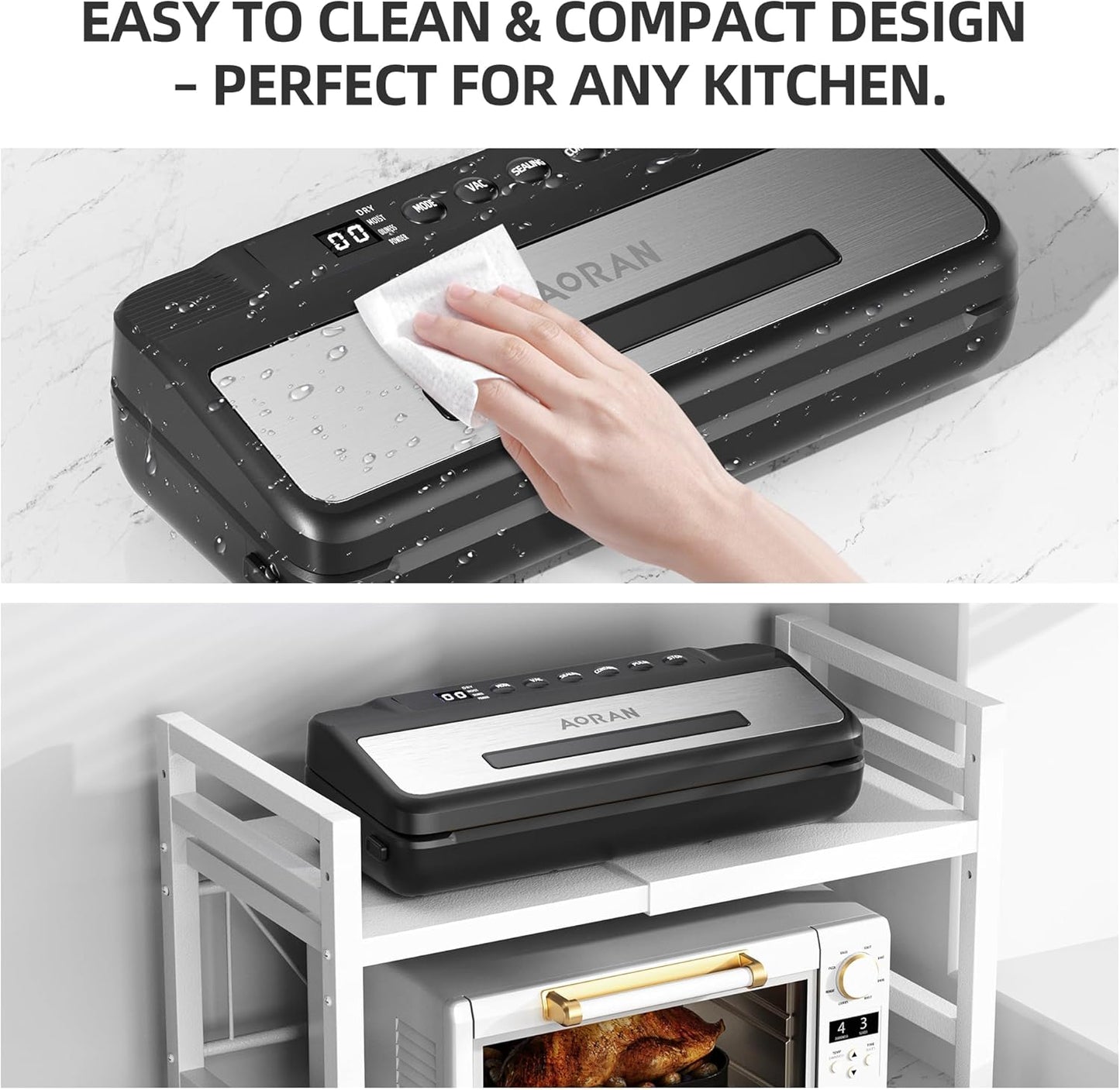 AORAN Vacuum Sealer with Transparent Window, 80KPa Powerful Food Vacuum Sealer, Compact and Easy-to-Use, Includes 5 Bags & 1 Roll, Dry & Moist Modes for Food Preservation