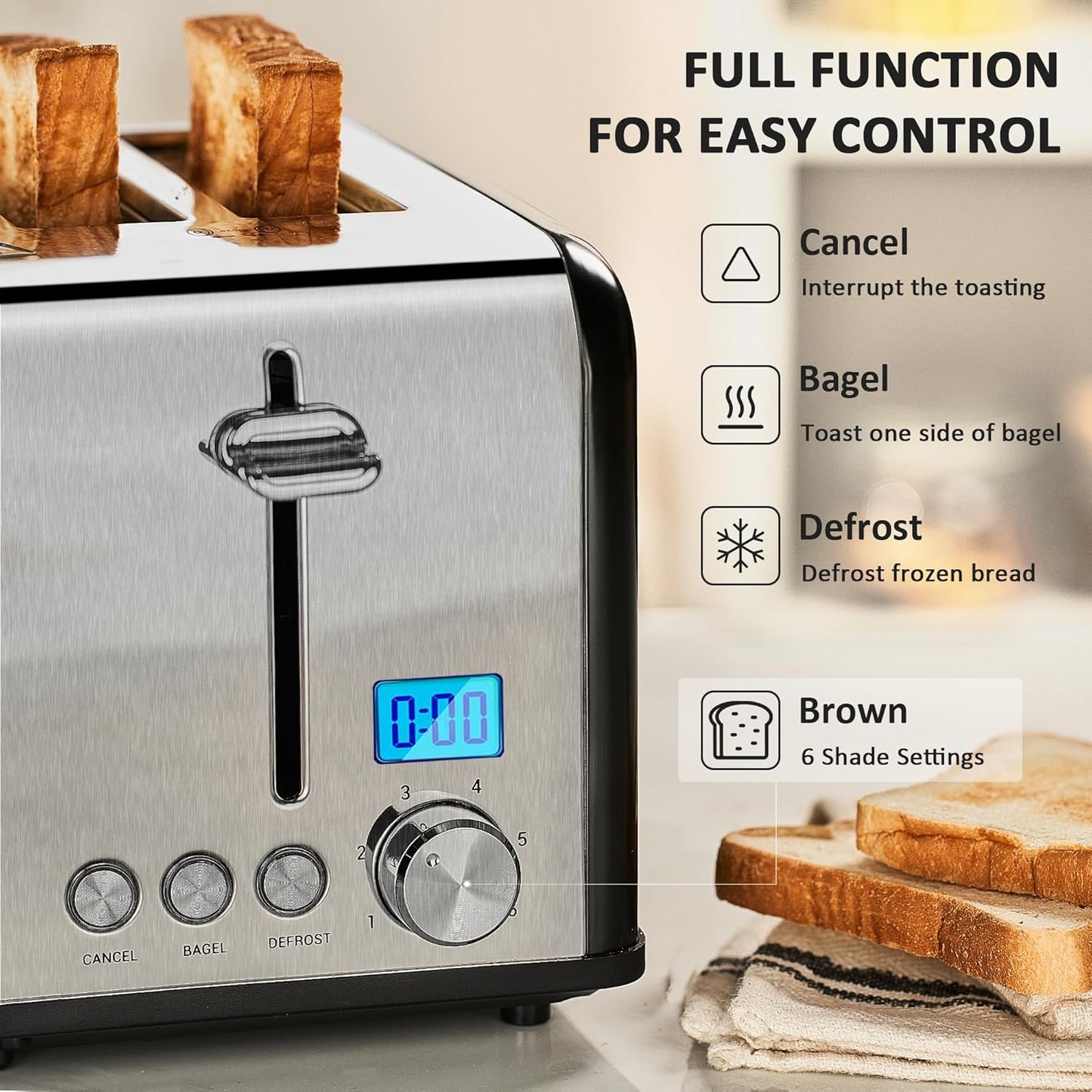Countdown Stainless Steel 4 Slice Toaster with Bagel, Defrost, Cancel Function, Dual Toaster, Extra Wide Slots, 6 Shade Settings, Removable Crumb Trays, 1650W, Black