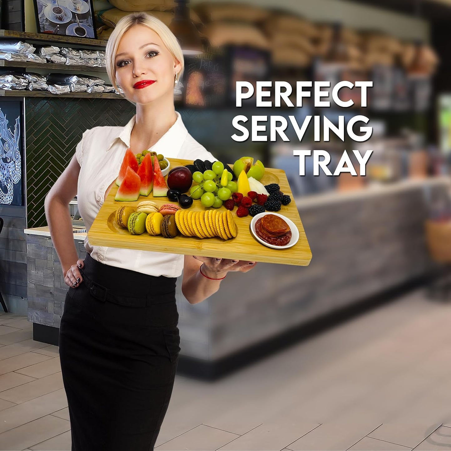 Bamboo Cheese Board with Knife, Bowl, Fork Set, Wood Charcuterie Platter & Food Serving Tray for Wine Glasses, Misoph Collection