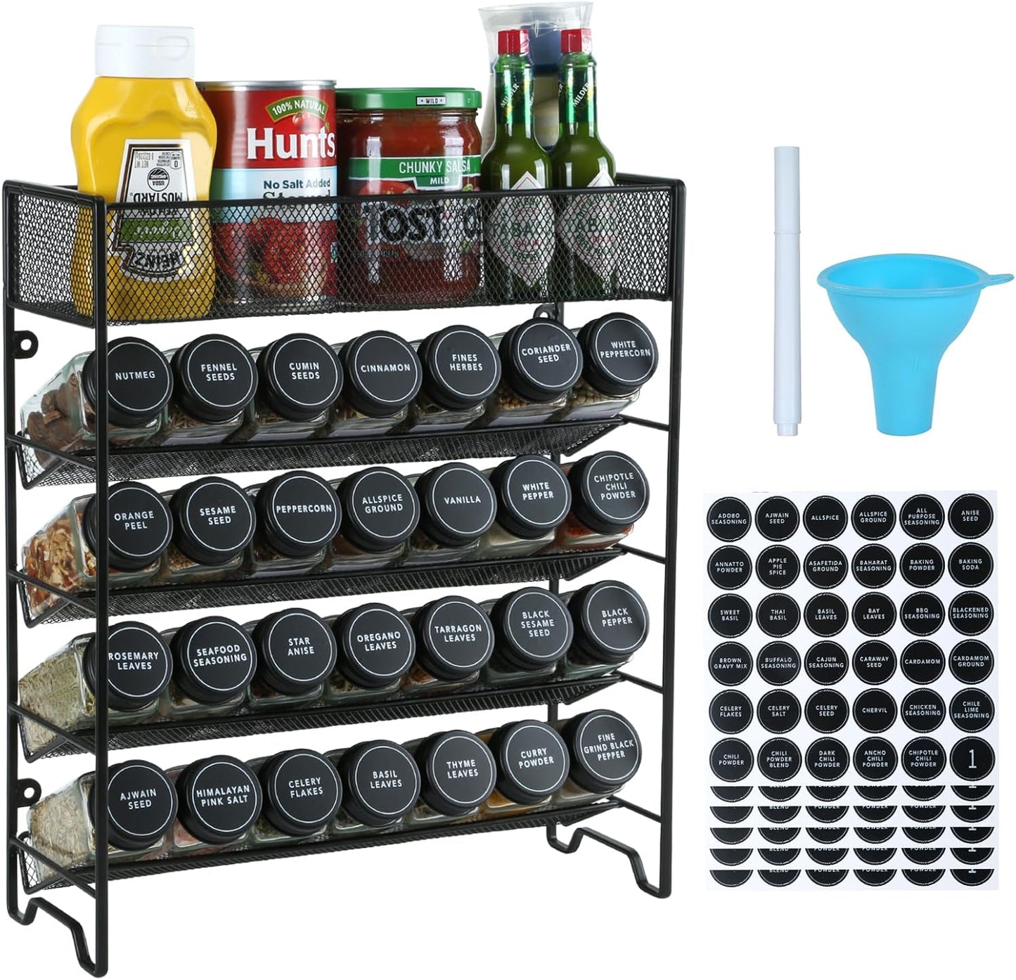 Spice Rack Organizer with 28 Spice Jars, Black Lids，Spice Labels, Chalk pen and Funnel Set for Cabinet, Countertop, Pantry, Cupboard or Wall Mount