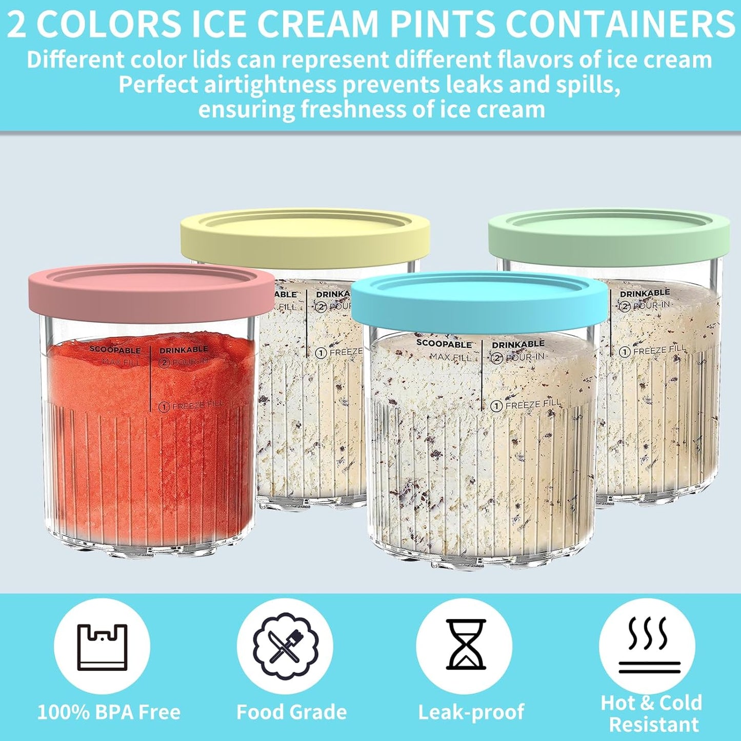 Replacement for Ninja Creami Pints and Lids - 4 Pack NC501, Compatible with Ninja NC501 NC500 Series Creami Deluxe ice Cream Makers, Containers with Leak Proof Lids, Dishwasher Safe