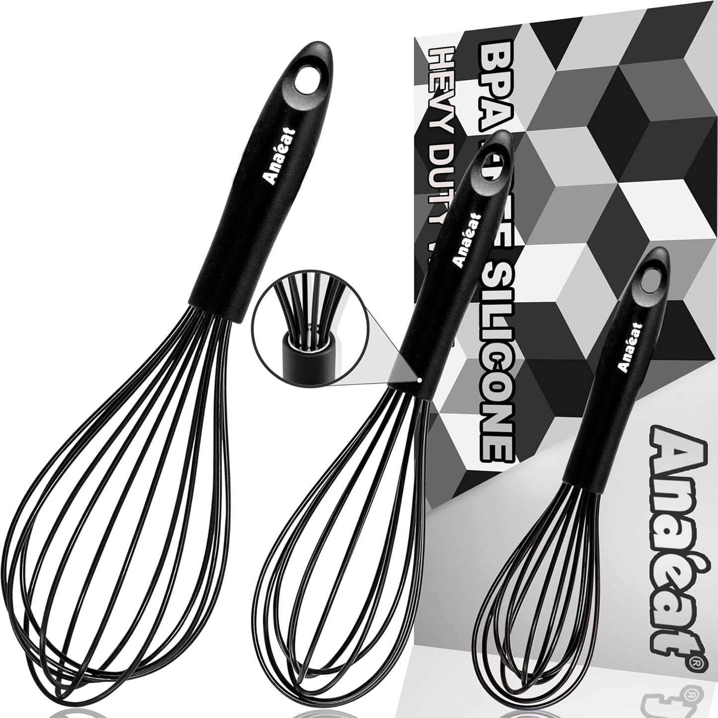 Anaeat Silicone Balloon Whisk, Perfect for Non-Stick Cookware, Milk and Egg Beater Blender, Heat Resistant Kitchen Whisks for Whisking, Cooking, Baking, Beating, Frothing & Stirring (Black)