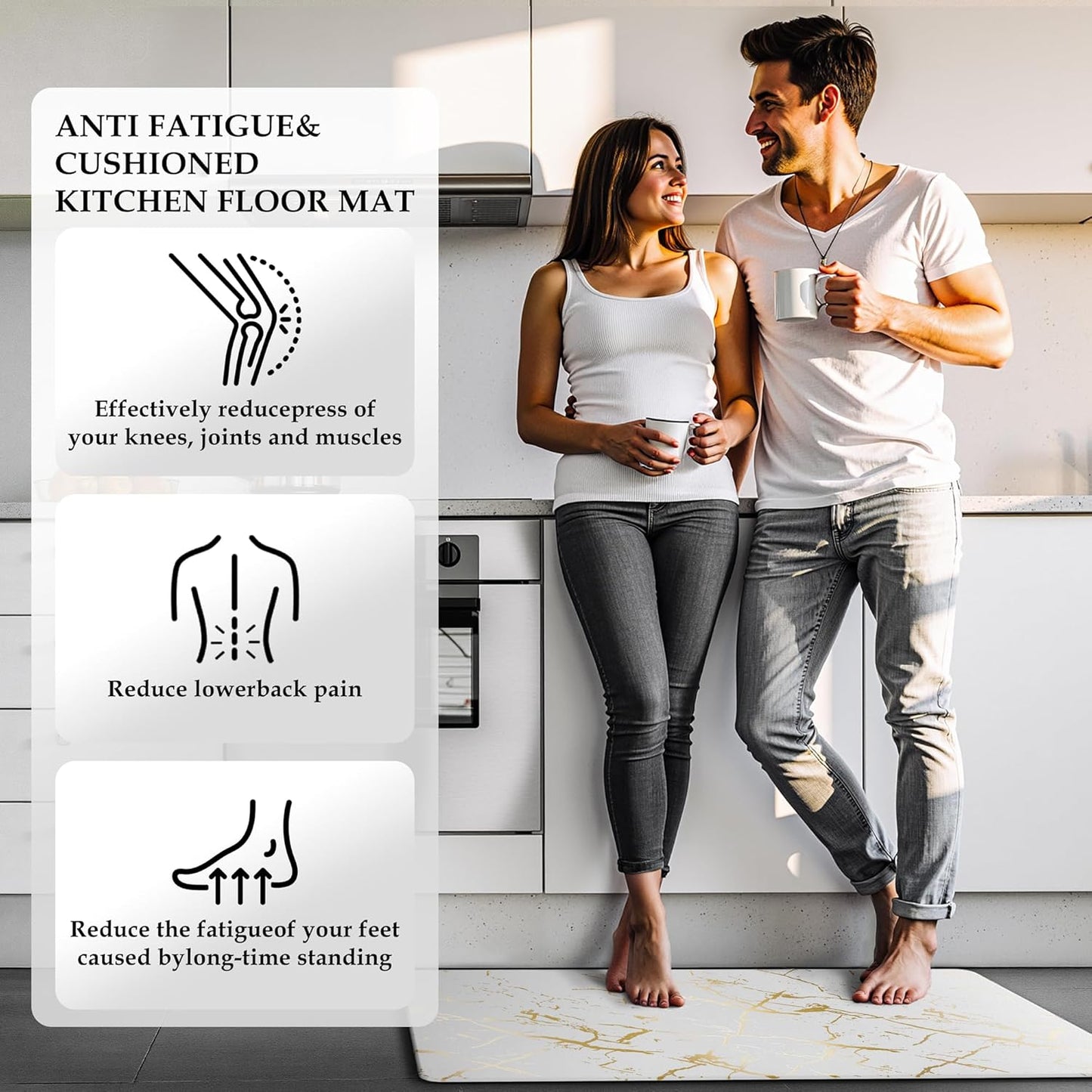 Gold Foil Stamped Marble Kitchen Mats for Floor 2PCS Cushioned Anti Fatigue Non Slip Waterproof Comfort Leather Kitchen Rugs 2/5 Inch PVC Kitchen Mats for Sink, Laundry, 17.3"x28"+17.3"x47",White