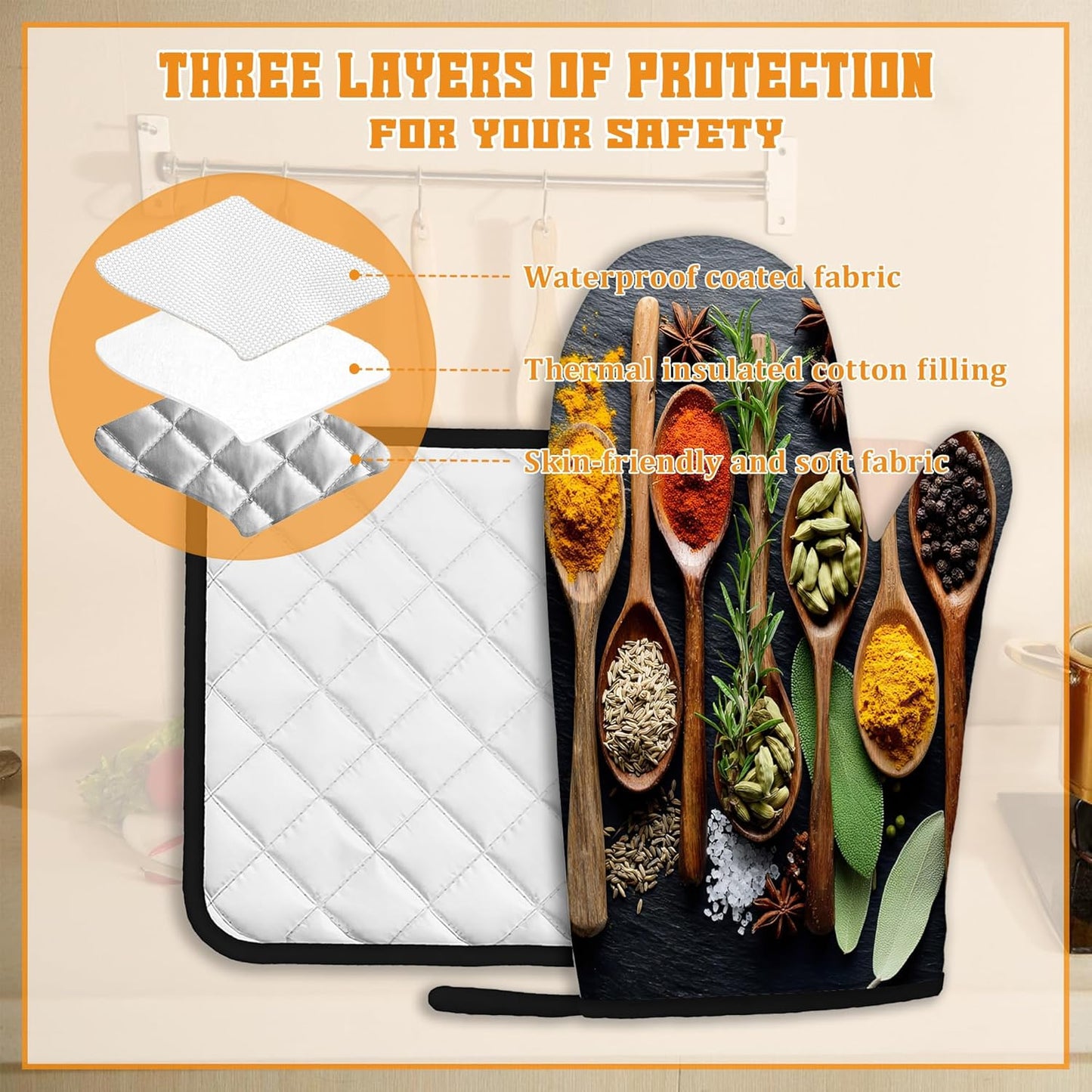 Cooking Herbs Spices Oven Mitts and Pot Holders Set,Kitchen Oven Gloves and Pot Holder with Heat Resistant Non Slip for Cooking Baking Grilling(4 Piece Set)