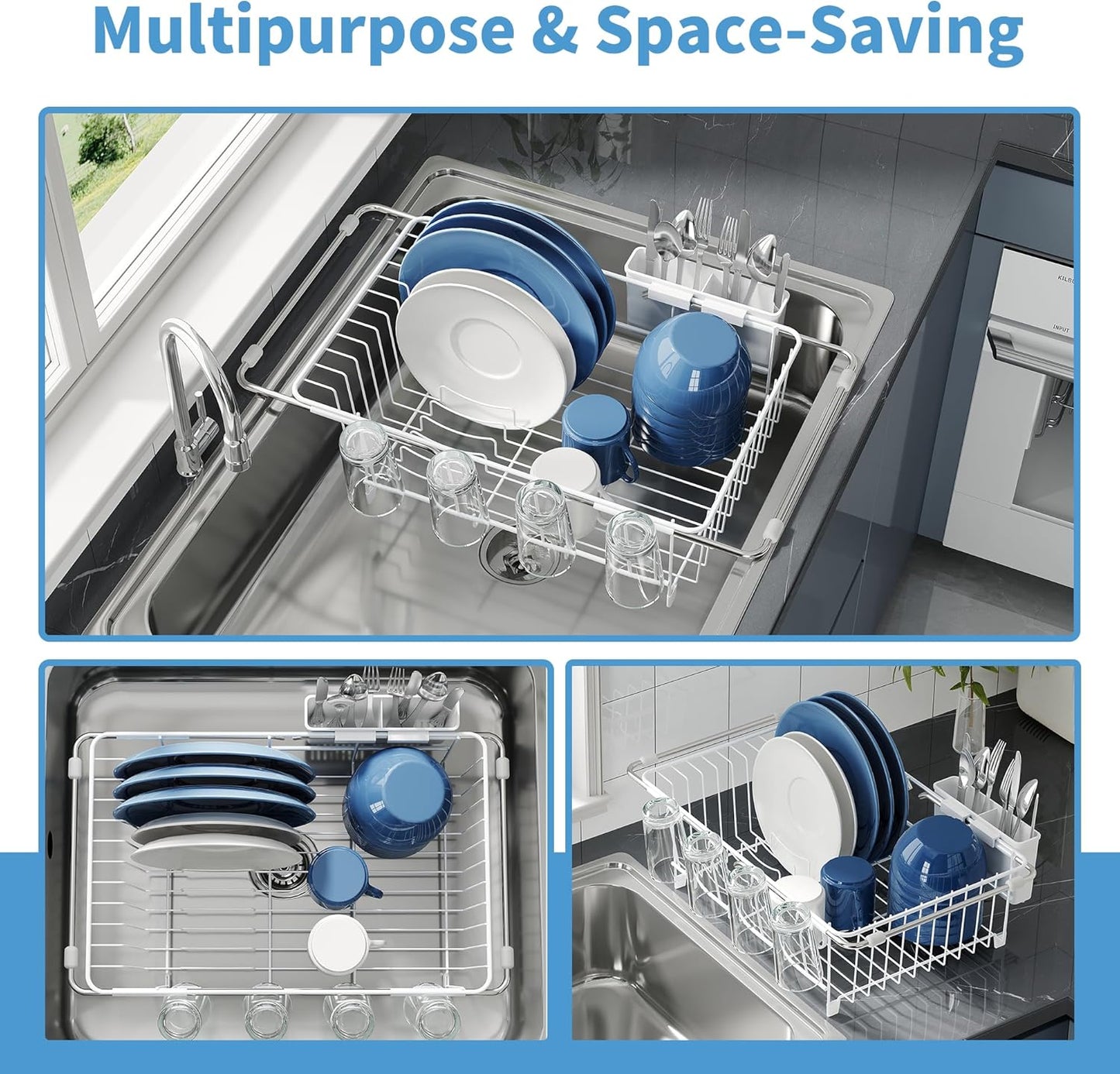 JASIWAY Dish Drying Rack in Sink, Small Dish Drainers for Inside Sink, Over The Sink Dish Racks, Stainless Steel Drying Rack with Utensil Holder, White