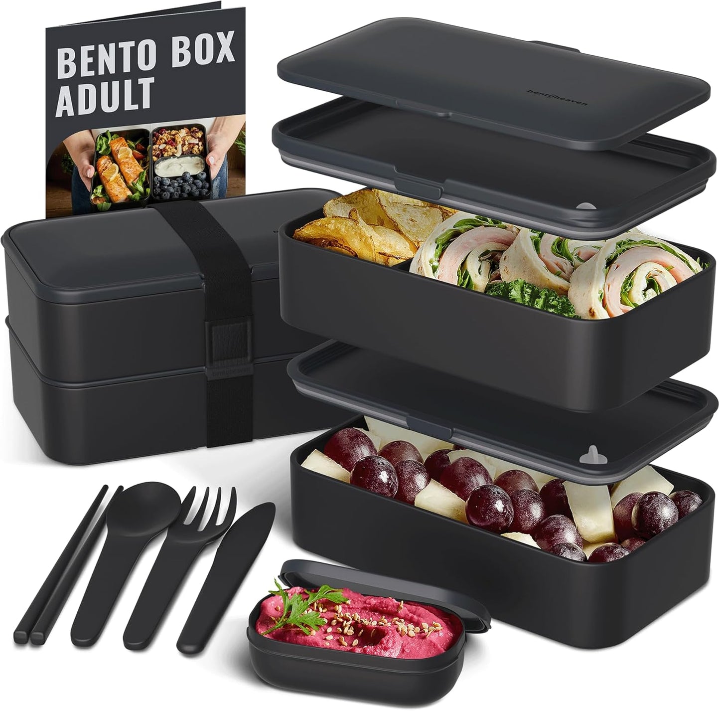 Bentoheaven Premium Bento Box Adult Lunch Box with Compartments for Women & Men, Set of Utensil & Chopsticks & Dip Container, Cute Japanese Kids Bento Lunch Box, Microwavable (Outer Space)