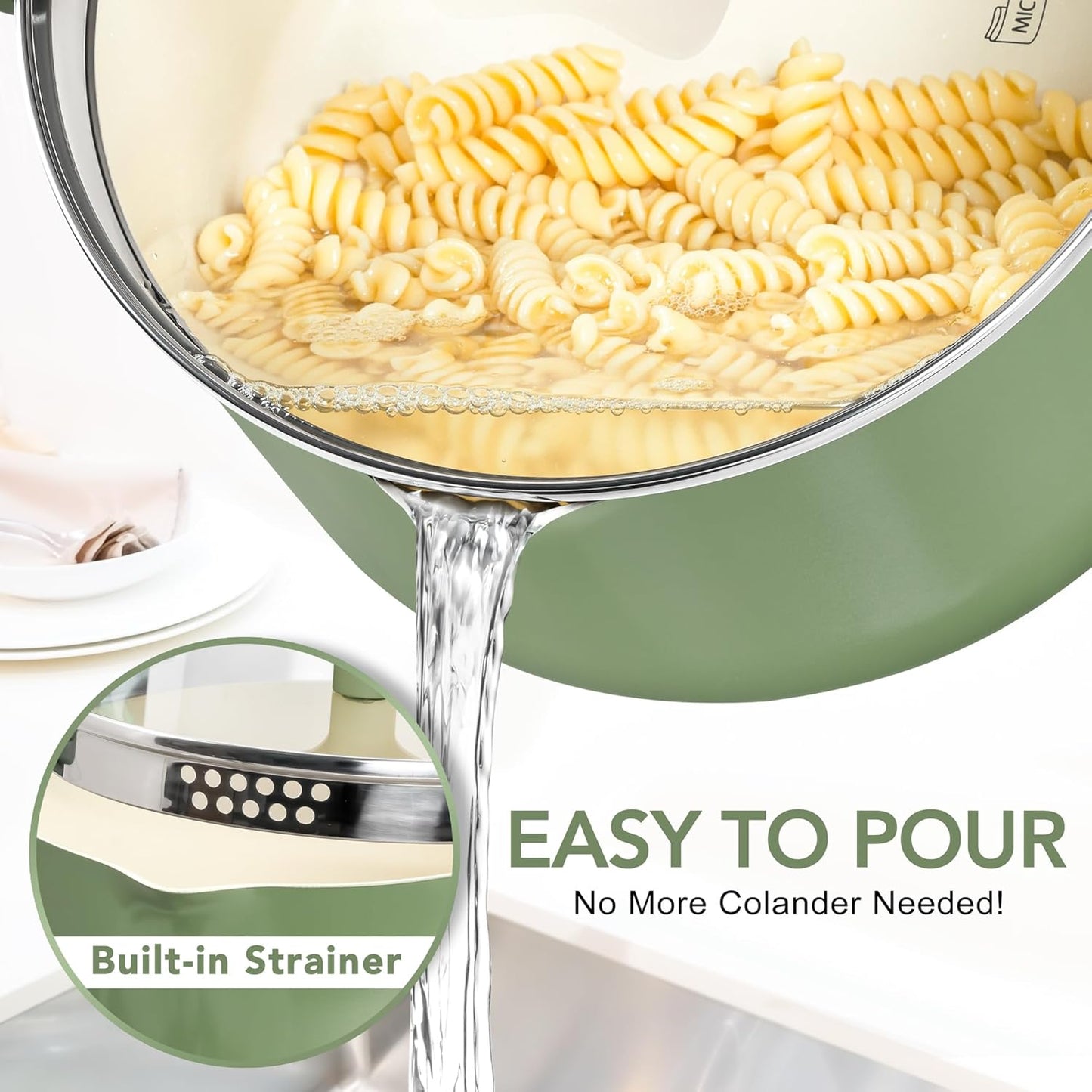 MICHELANGELO Pasta Pot with Strainer Lid - 6 Quart Cooking Pot with Lid, Non Stick Spaghetti Pot Ceramic Coated with Twist and Lock Handles for Easy Draining, Induction Compatible, Roden Green