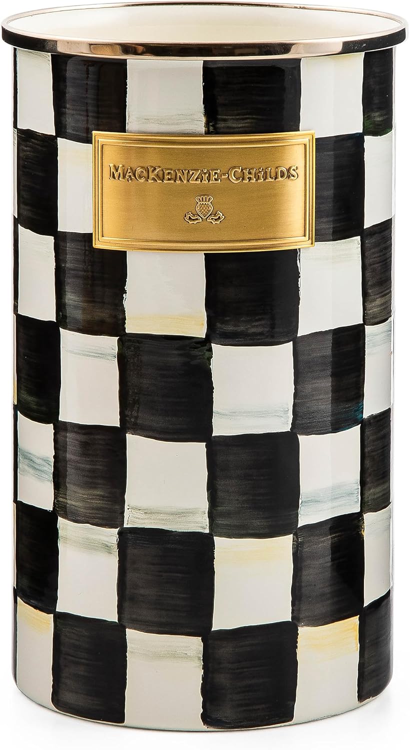 MACKENZIE-CHILDS Enamel Utensil Holder, Kitchen Utensil Holder for Countertop, Storage Caddy, Black-and-White Courtly Check