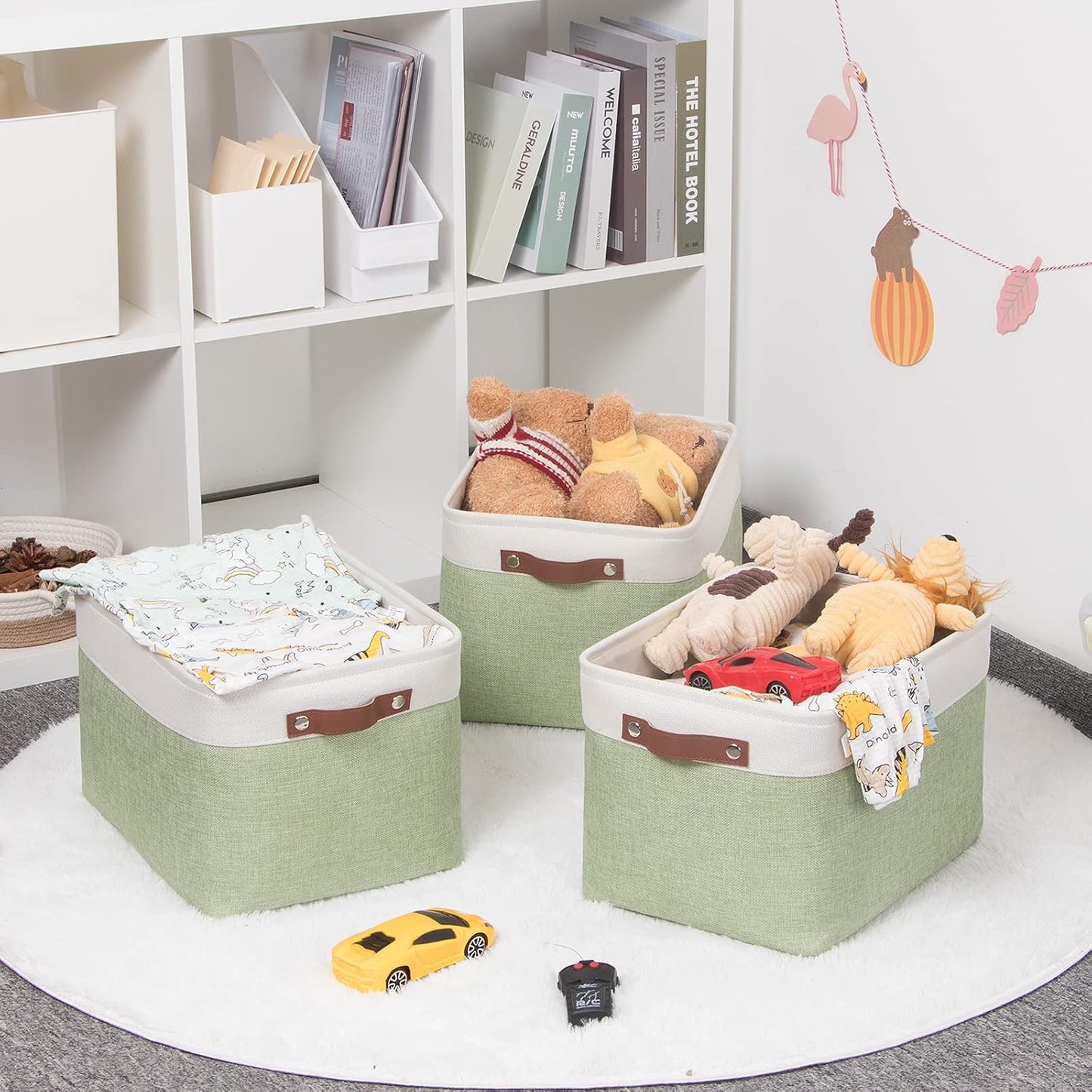 HNZIGE Storage Basket for Organizing Clothes(3 Pack) Decorative Storage Bins for Shelves Toys, Fabric Canvas Bins Storage Organizer with Handles(Gray&Green,15" X 11" X 9.5")