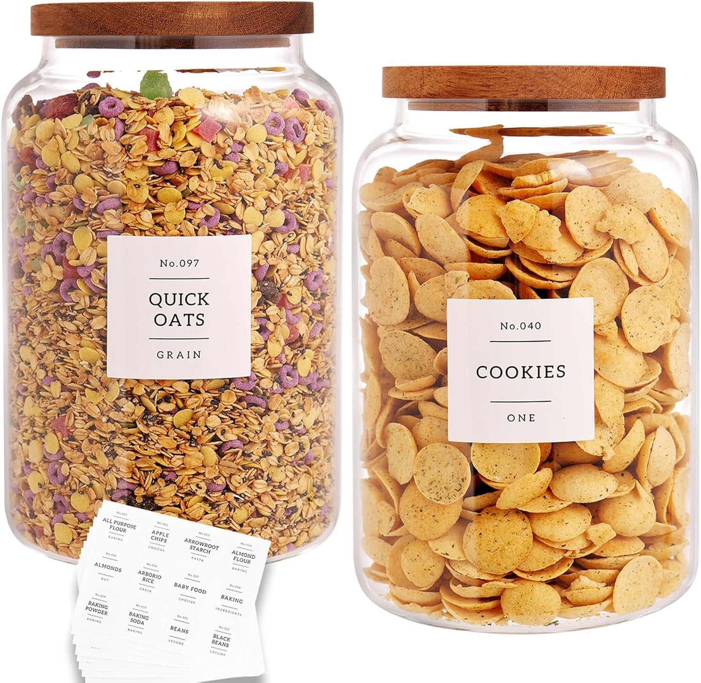 Set of 2 Large Glass Flour and Sugar Containers with 132 Pantry Labels - Glass Food Storage Jars with Airtight Bamboo Lid for Flour Pasta Candy Coffee Cookie and More(1 Gallon/4000 ml)