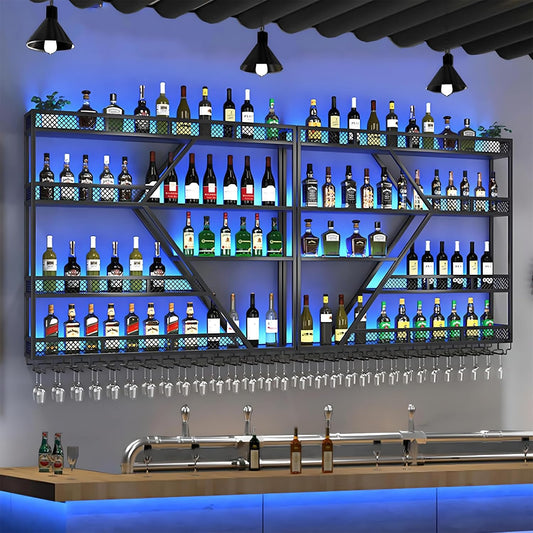 94.48in Metal Wine Rack Wall Mounted, Modern Wine Storage Rack Wall Mounted with Wine Glass Holder, Liquor Shelf, Bar Shelves for Liquor Bottles (4 Tiers Black, 94.48 * 7.87 * 33.85INCH)