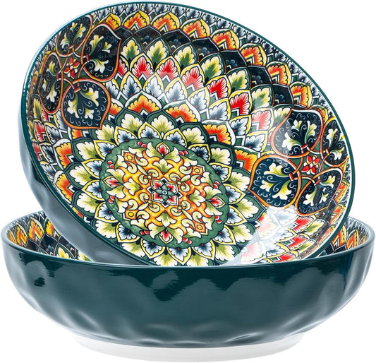 Large Serving Bowls, 75 Oz Fruit Salad Bowls Set of 2, Bohemian Style Large Porcelain Dishes for Entertaining Parties,Big Bowls for Salad, Pasta, Fruit, Chips, 10.3 Inch Diameter (green.green)
