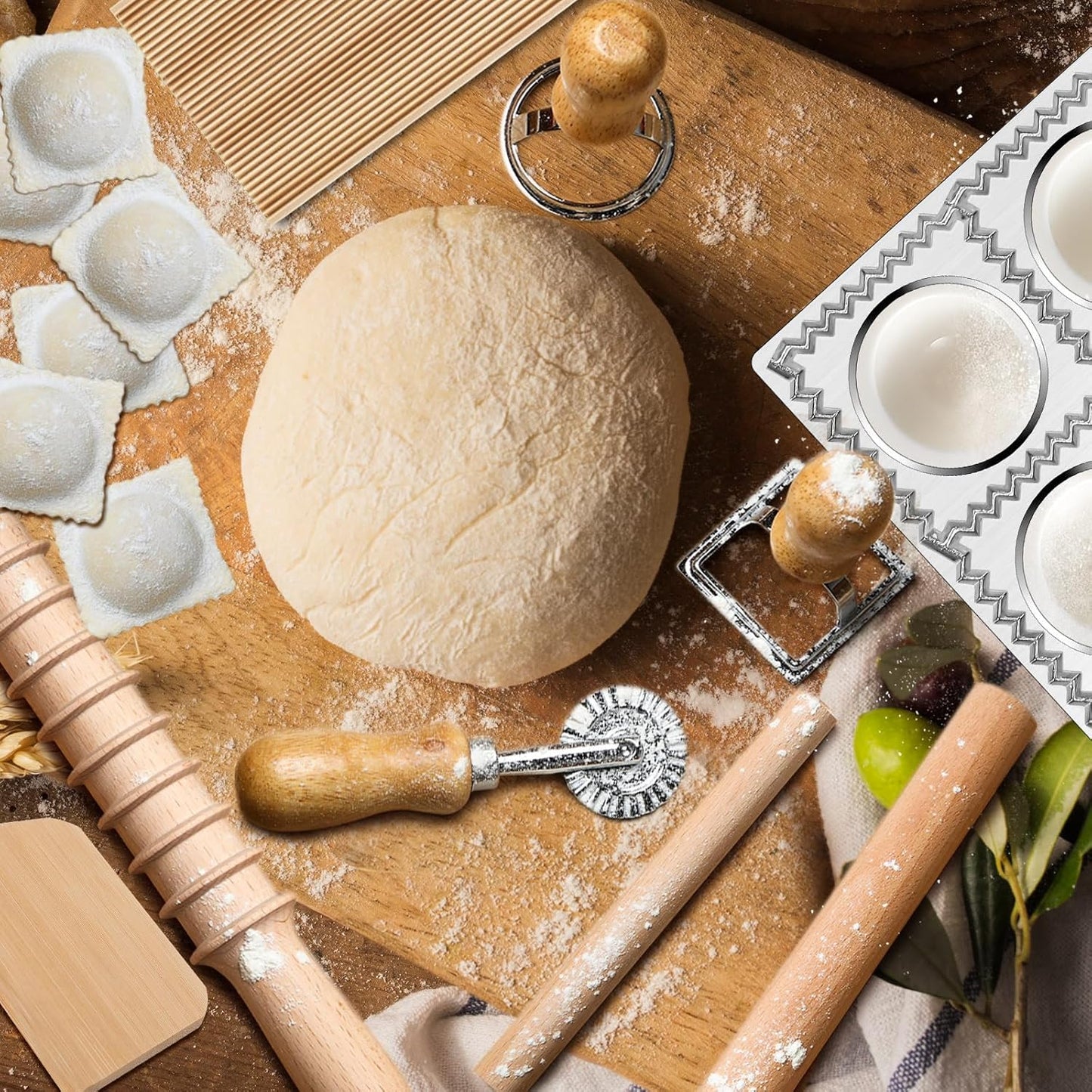 12 Piece Ravioli Mold Set with Press, Scraper, Cutter, Pierogi Maker, Rolling Pin, Gnocchi Board, Wooden Roller, and 4 Ravioli Stamp Maker Cutters for Making Pasta, Dumplings, and Pierogi