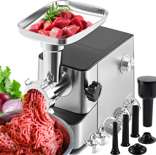 Huanyu Electric Meat Grinder 3200W Max Power, Built-in Storage, Heavy Duty, 2 Blades, 3 Plates, Sausage Tubes and Kubbe Kit #10 Outlet for Home Use