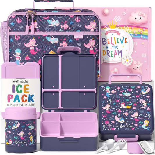 Fimibuke Kids Bento Snack Lunch Box with 4 Compartment, Insulated lunch Bag, Stainless Steel Vacuum Thermos Food Jar, Ice Pack, Utensils Set, Birthday Gift for Age 3-12 Back to School Toddler Girl Boy