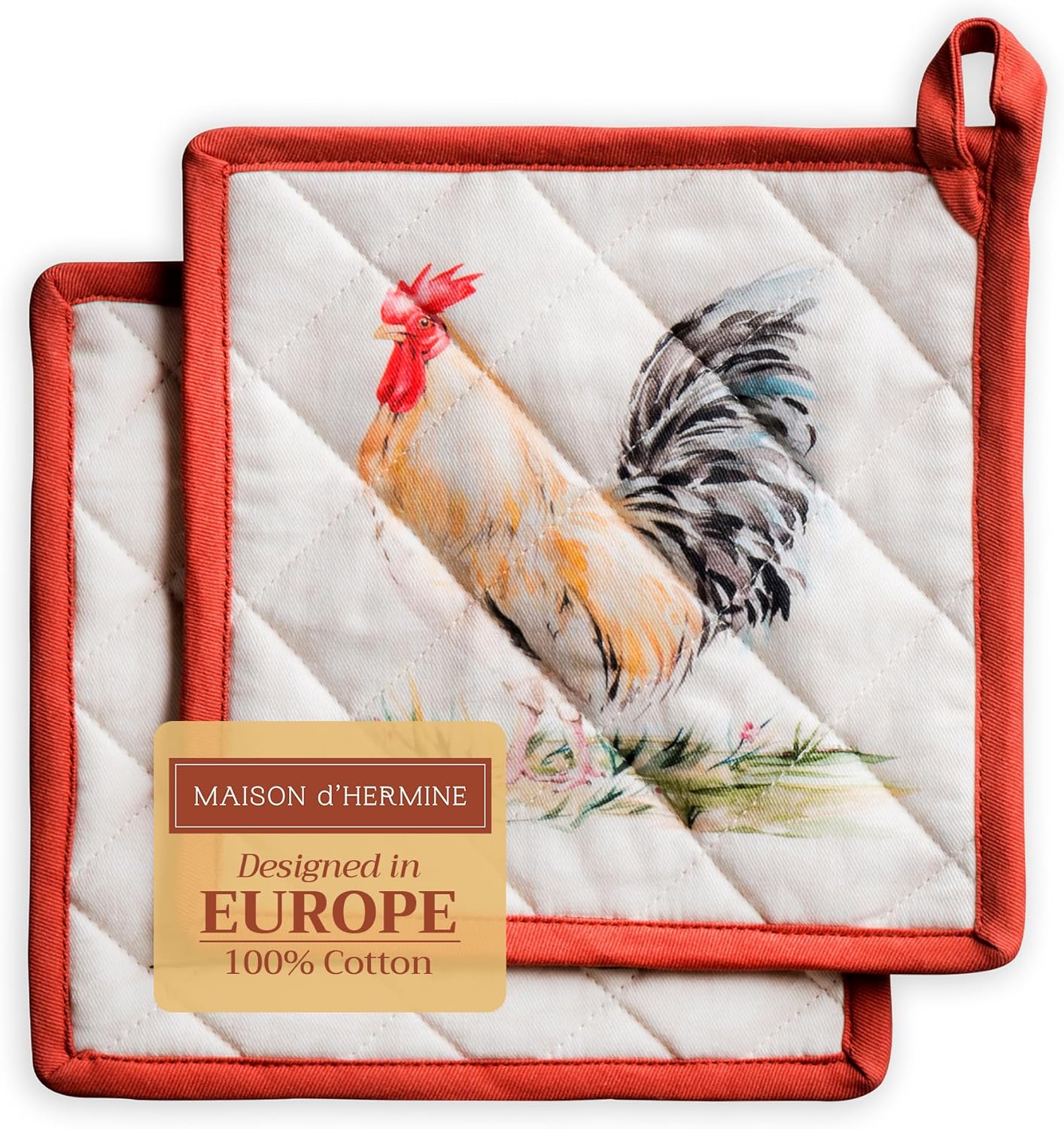 Maison d' Hermine Pot Holders Set 100% Cotton Heat Resistant Potholders 8" x 8" Hot Pads with Loop BBQ, Cooking, Baking, Grilling, Kitchen, Handling Hot Pans Spring/Summer (Pack of 2, Campagne)