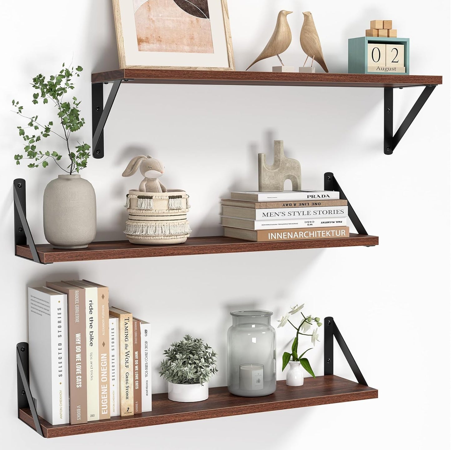 Heimlove Floating Shelves for Wall, 24 Inch Long Wood Floating Shelves Set of 3, Wall Mounted Hanging Shelf for Bathroom Bedroom Kitchen, Walnut