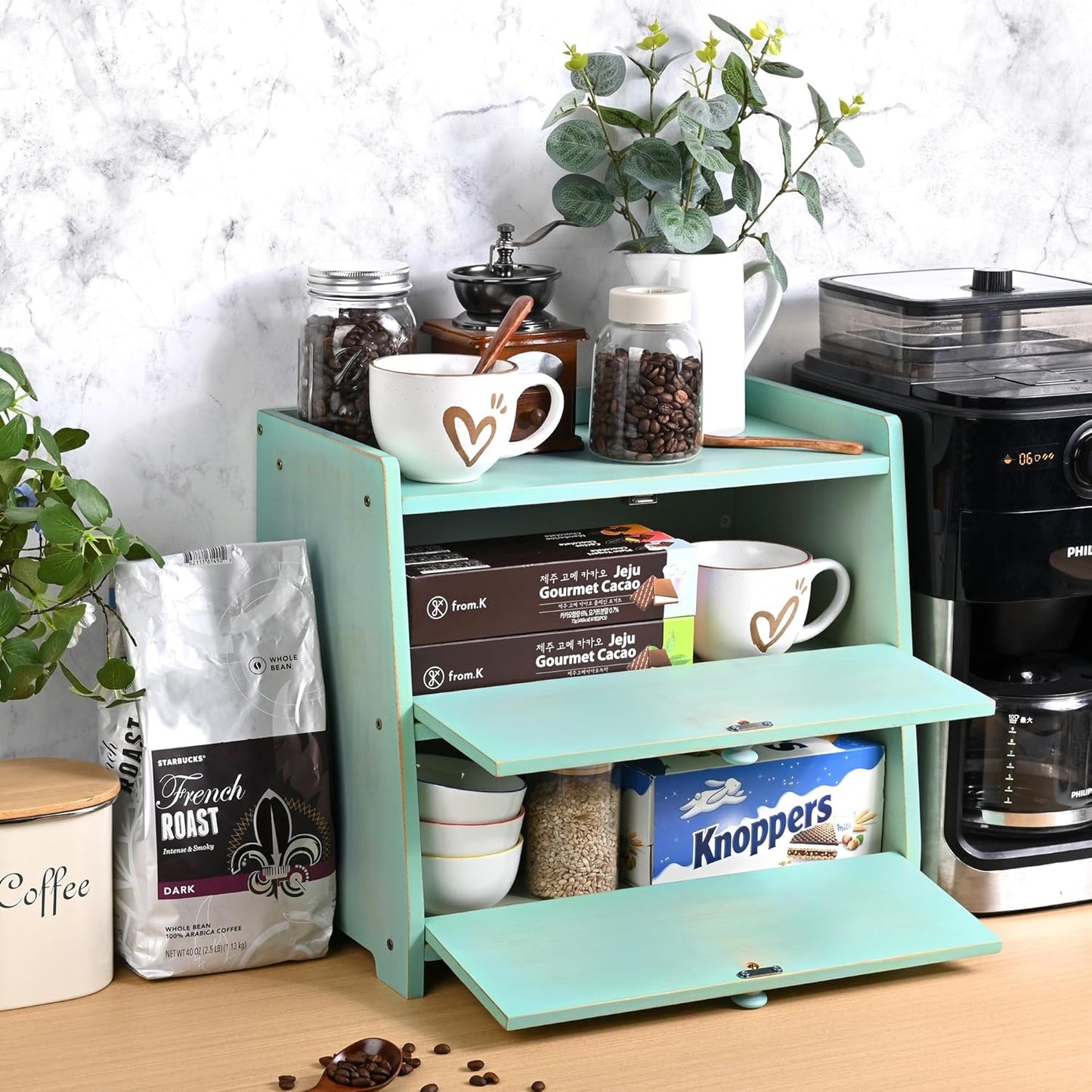 Vintage Double Layer Bread Box for Kitchen Countertop, Bamboo Bread Storage Container, Breadbox for Homemade Bread, Large Capacity Bread Bin(Green)