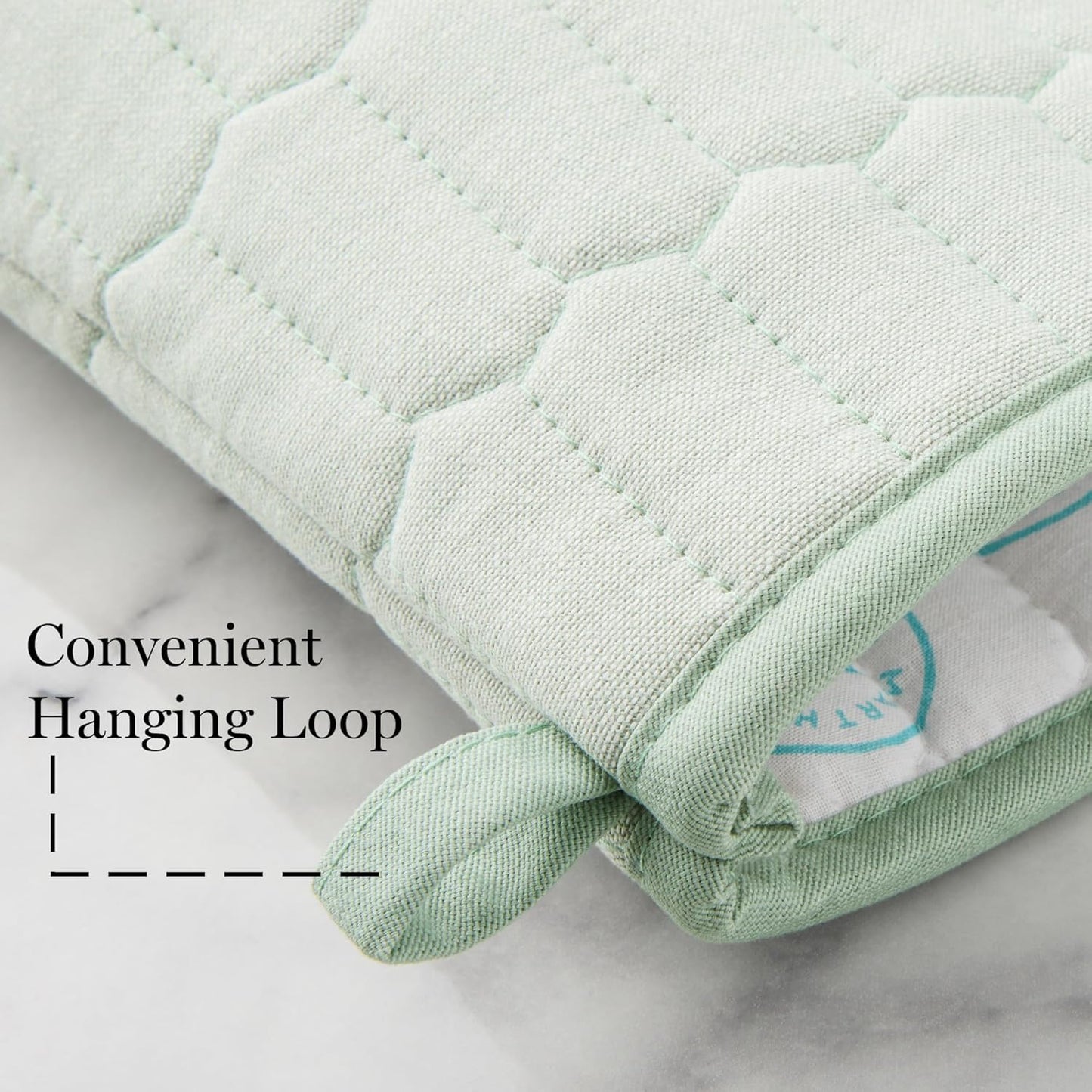 MARTHA STEWART Honeycomb Quilted Chambray Oven Mitt 2-Pack Set, 100% Cotton, Heat Resistant, Flexible Grip, Mint Green, 7"x13"