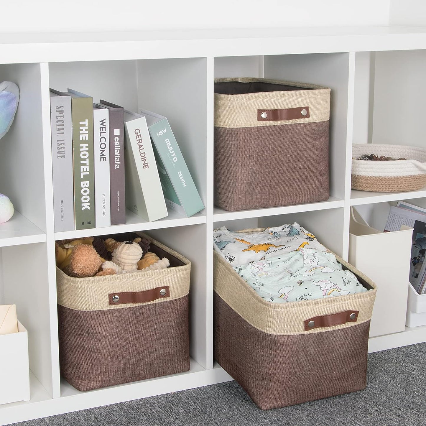 HNZIGE Large Fabric Storage Bins (3 Pack) Canvas Baskets for Storage Clothes Toys, Closet Baskets with Handles for Organizing Baby Nursery Closet Shelves Organization(Gold&Brown, 15" X 11" X 9.5")