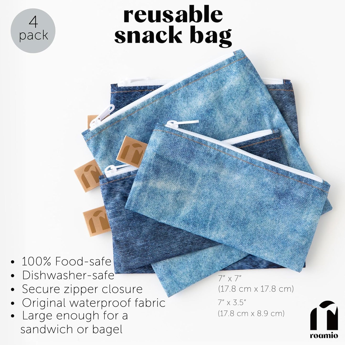 Roamio Reusable Sandwich and Snack Bags, for Kids School Lunch and for Adults Portion, Washable Fabric, Waterproof Cloth Zip Bag, Pack Travel Pouch, Food-Safe Storage, 4-pack Set Faux Denim On Denim