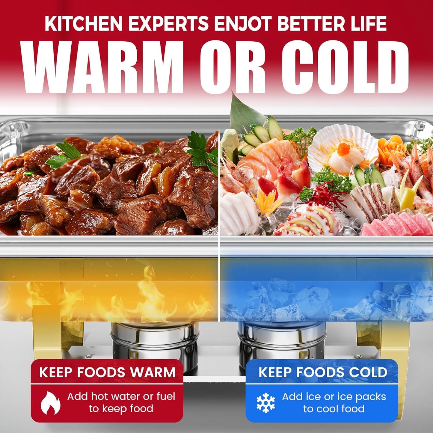 Chafing Dish Buffet Sets of 6, 8QT Stainless Steel Rectangular Chafers and Buffet Warmer Sets for Catering, with Food & Water Pan, Lid, Gold Foldable Frame, Fuel Holder for Event Party Holiday