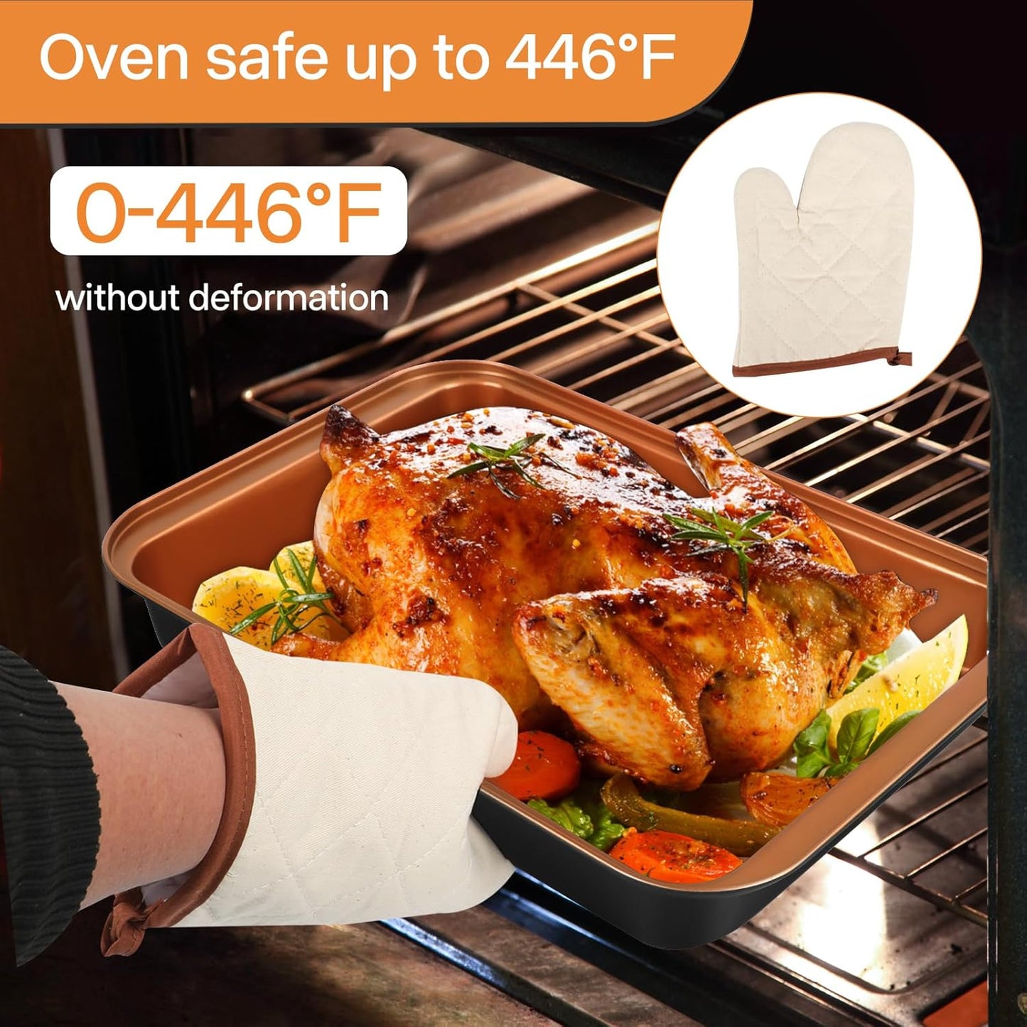 Baking Pans Set 6-Pieces, Non Stick Bakeware Set Stackable, with Cookie Sheet, Muffin, Round/Square Cake Pan, Loaf Pan, Rack, Oven Mitt for Home Baker, Gold