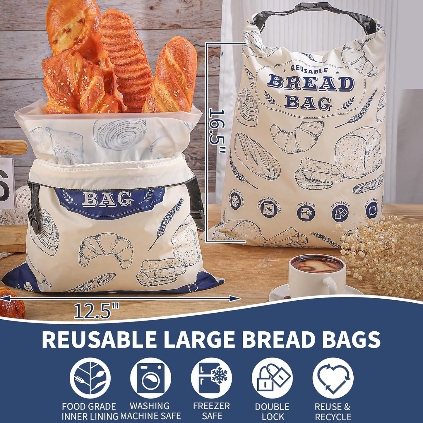 Bread Bags, 2 Packs Bread Bags for Homemade Bread, Reusable Zipper Sourdough Storage Bags for Keeping Loaf Fresh(Large, 16.5"*12.5")