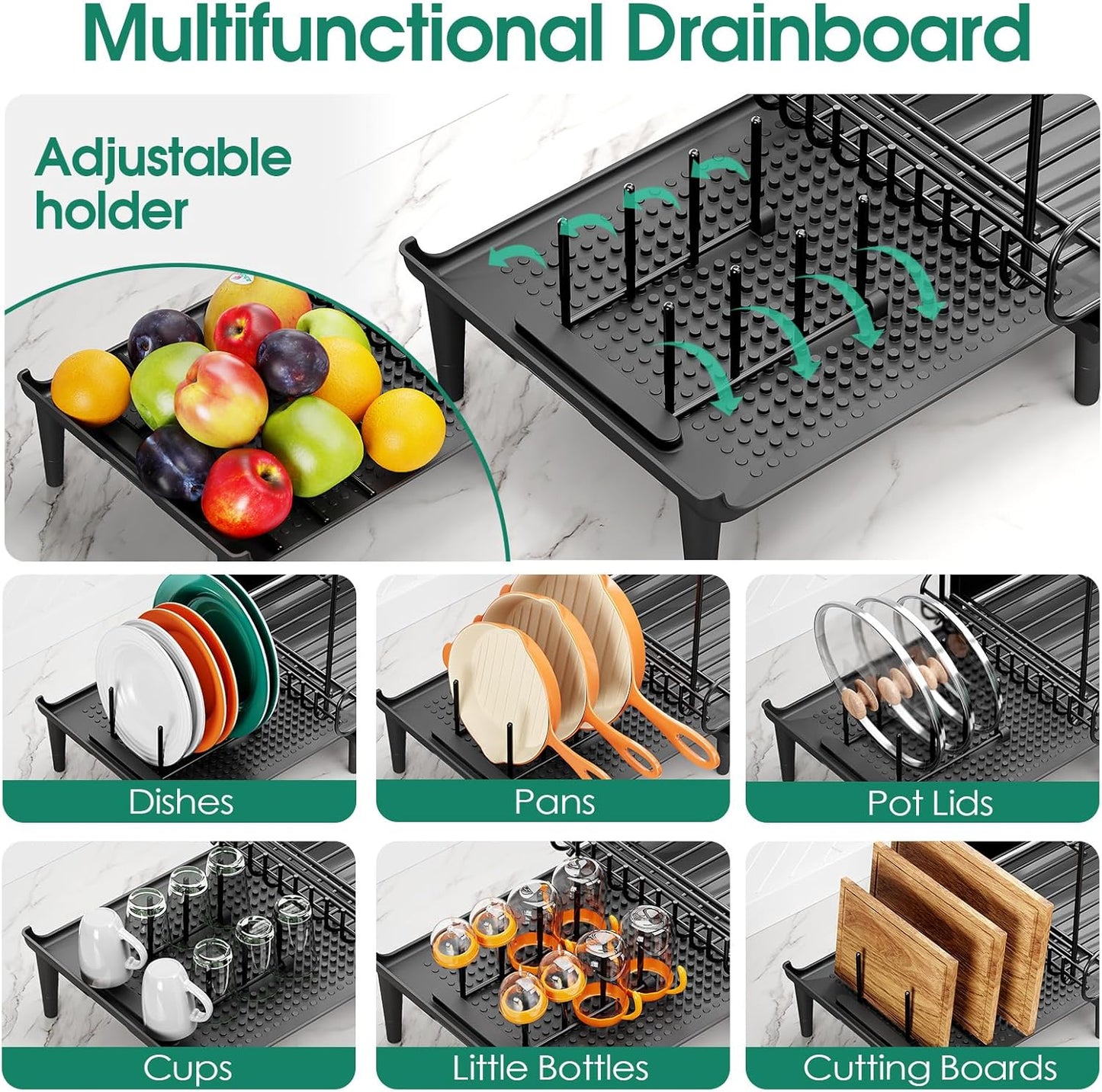 Dish Drying Rack for Kitchen Counter, Expandable 2 Tier Dish Rack, Large Capacity Dish Drainer with Drainboard Multifunctional Dish Strainer with Removable Cutlery Holder Black