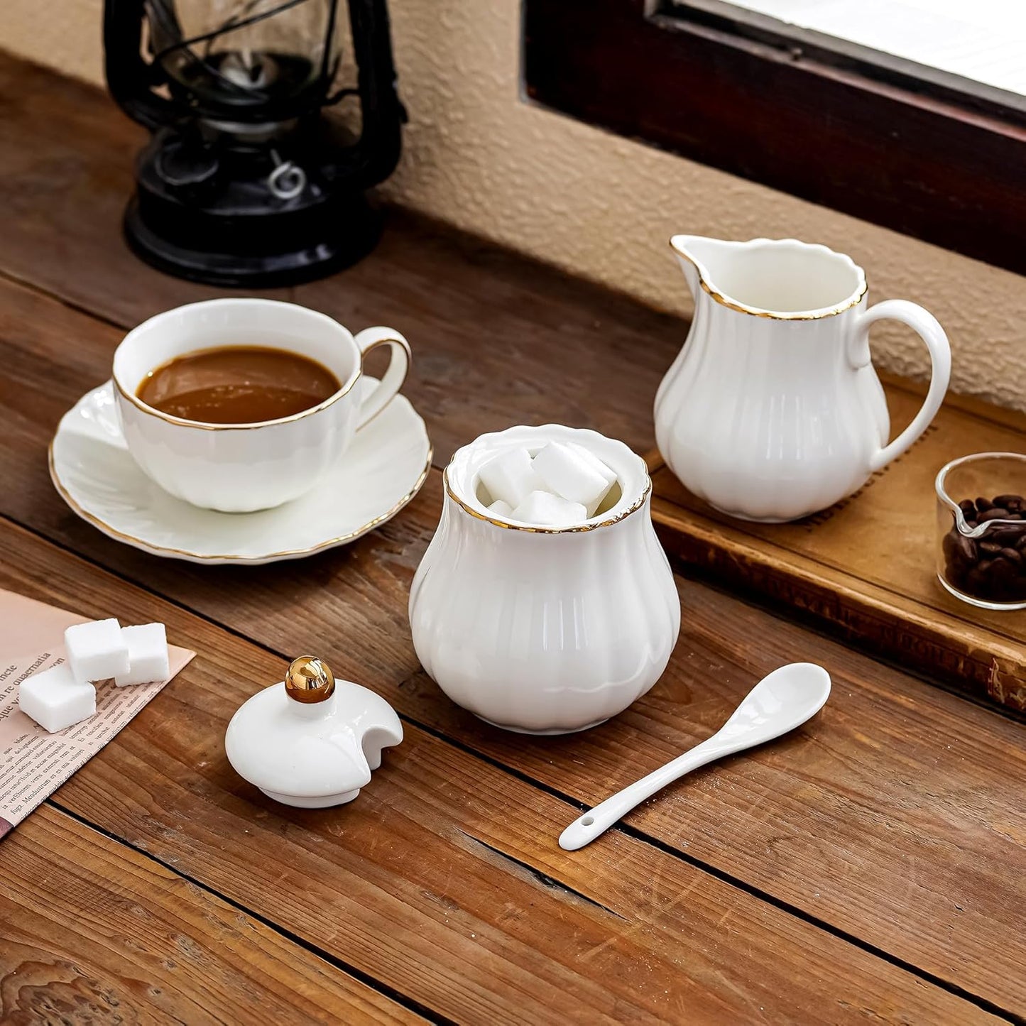 Ceramic Sugar and Creamer Set, 3 Piece with Cream Pitcher, Sugar Bowl with Lid and Spoon,Coffee and Tea Serving Set (White with gold line)