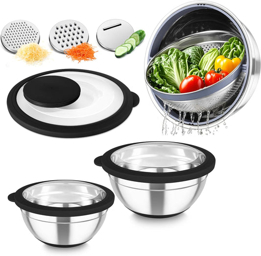 TeamFar Mixing Bowls with Colander Set, Stainless Steel Strainer and Nesting Salad Bowls, with Lids & 3 Graters, Non-Slip Bottom & Visible Lid, Rotatable & Dishwasher Safe, 4.6/3/1.5 QT, Black
