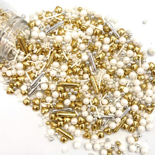 Weraru White Deluxe Gold Sprinkles Candy Mixing Size Baking Edible Cake Decorations Cupcake Toppers Cookie Decorating Celebrations Wedding Shower Party Chirstmas Supplies 130g/ 4.58oz