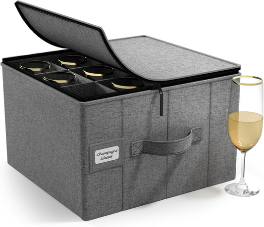 Sorbus China Storage Containers – Dinnerware Organizer for Champagne Flute Glasses with Lid (Holds Service for 12) with Felt Protectors – 13" x 10" x 10.6"