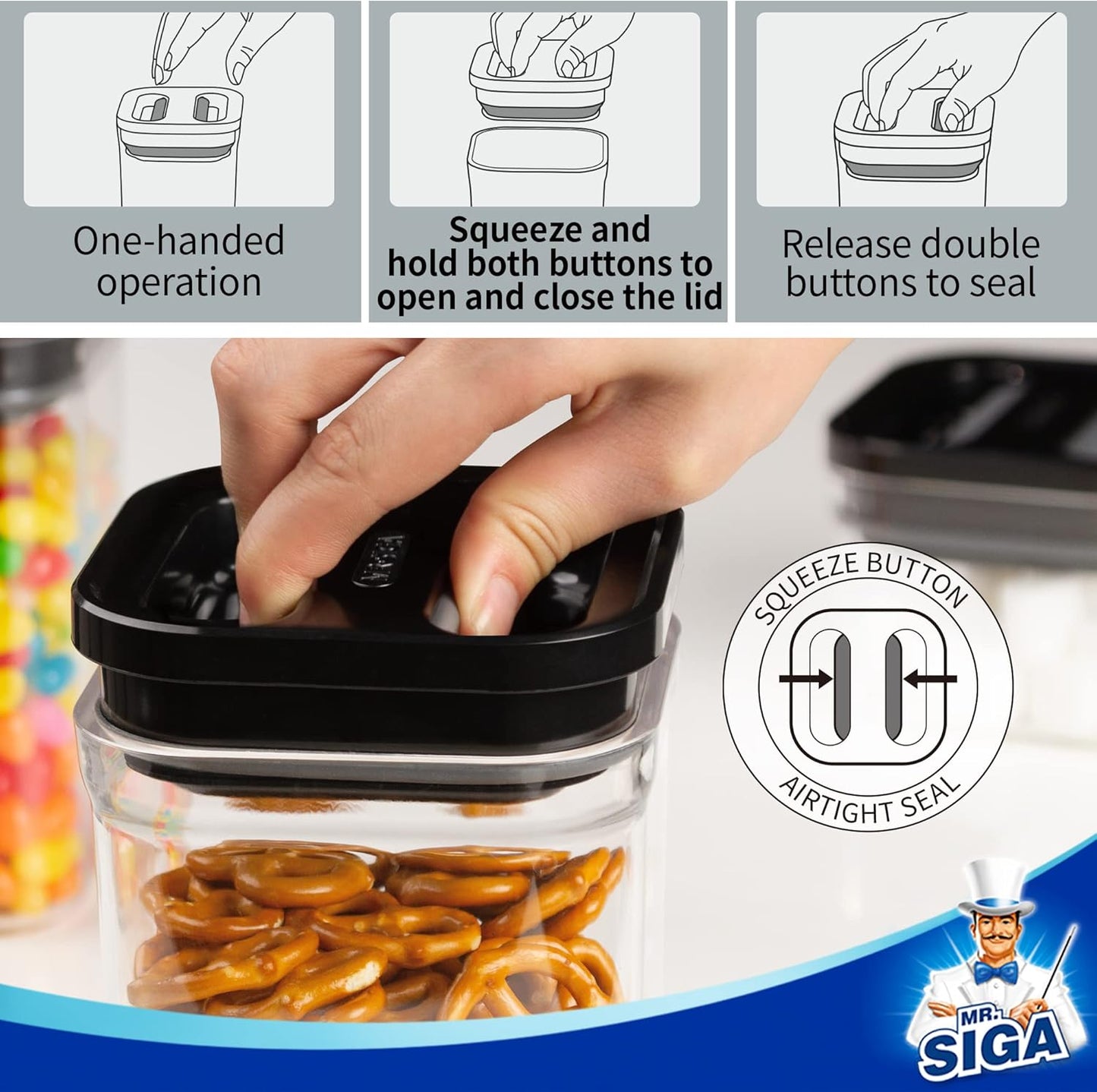 MR.SIGA 6 Piece Airtight Food Storage Container Set, BPA Free Kitchen Pantry Organization Canisters, One-handed Kitchen Storage Containers for Cereal, Spaghetti, Pasta, Black