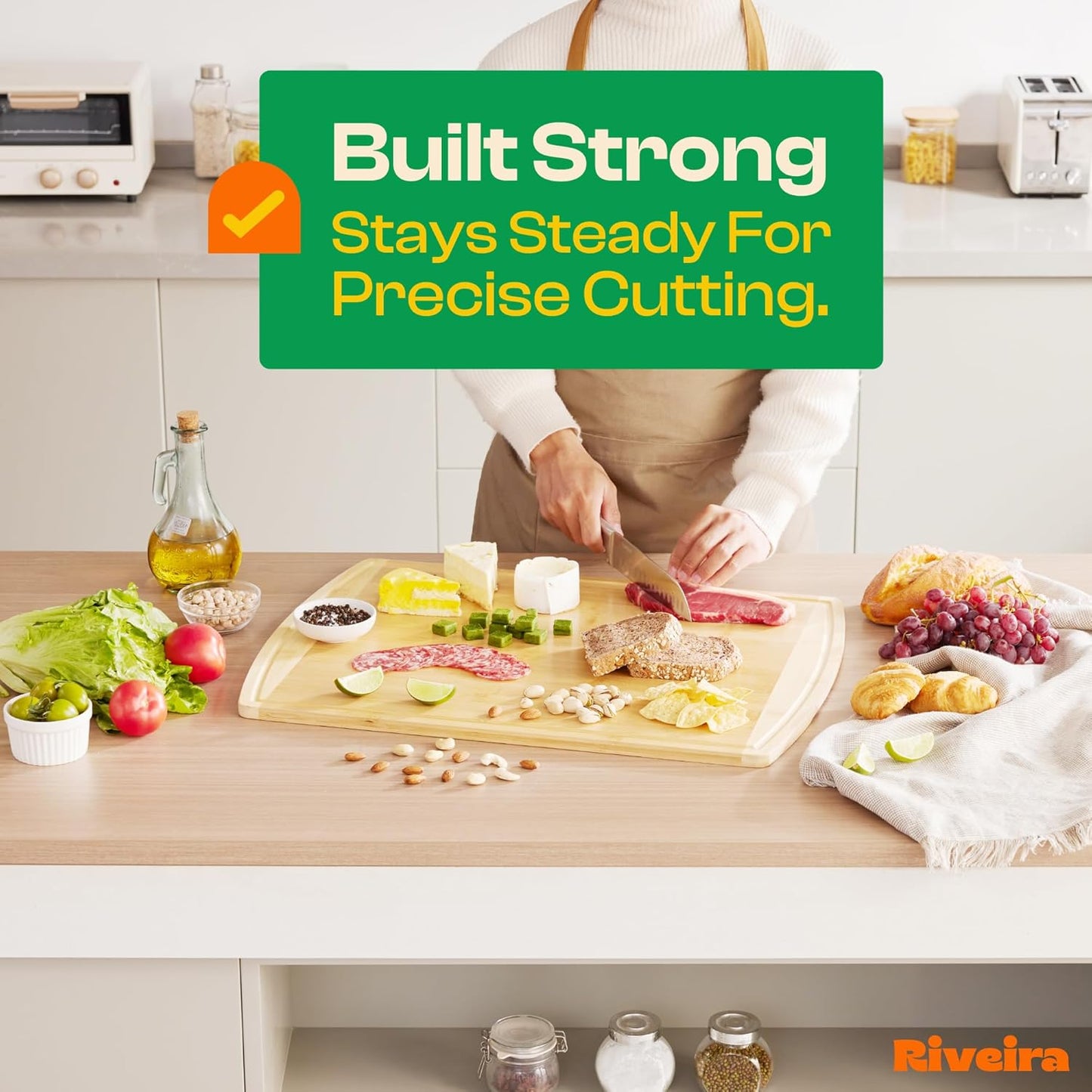 Riveira Two Tone Bamboo Wood Cutting Board – Gourmet Bamboo Grandeur: 24 x 18 Wooden Cutting Board – Wooden Cutting Boards For Kitchen Decorative – Innovative Juice Grooves Wooden Chopping Board