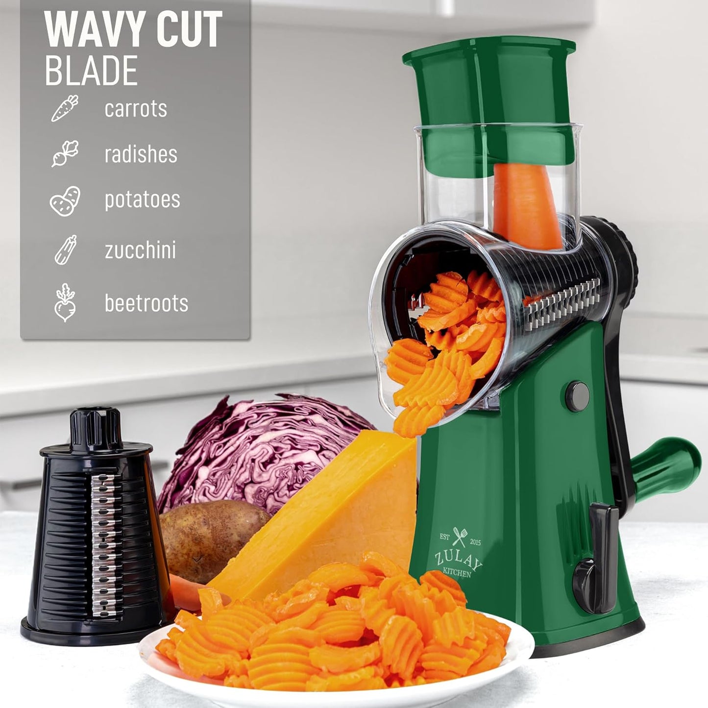 Zulay Kitchen Rotary Cheese Grater 5 Blade Cheese Shredder - Manual Hand Crank Cheese Grater With Reinforced Suction & 5 Interchangeable Drums - Easy to Use, Vegetable Chopper Round Mandoline Slicer