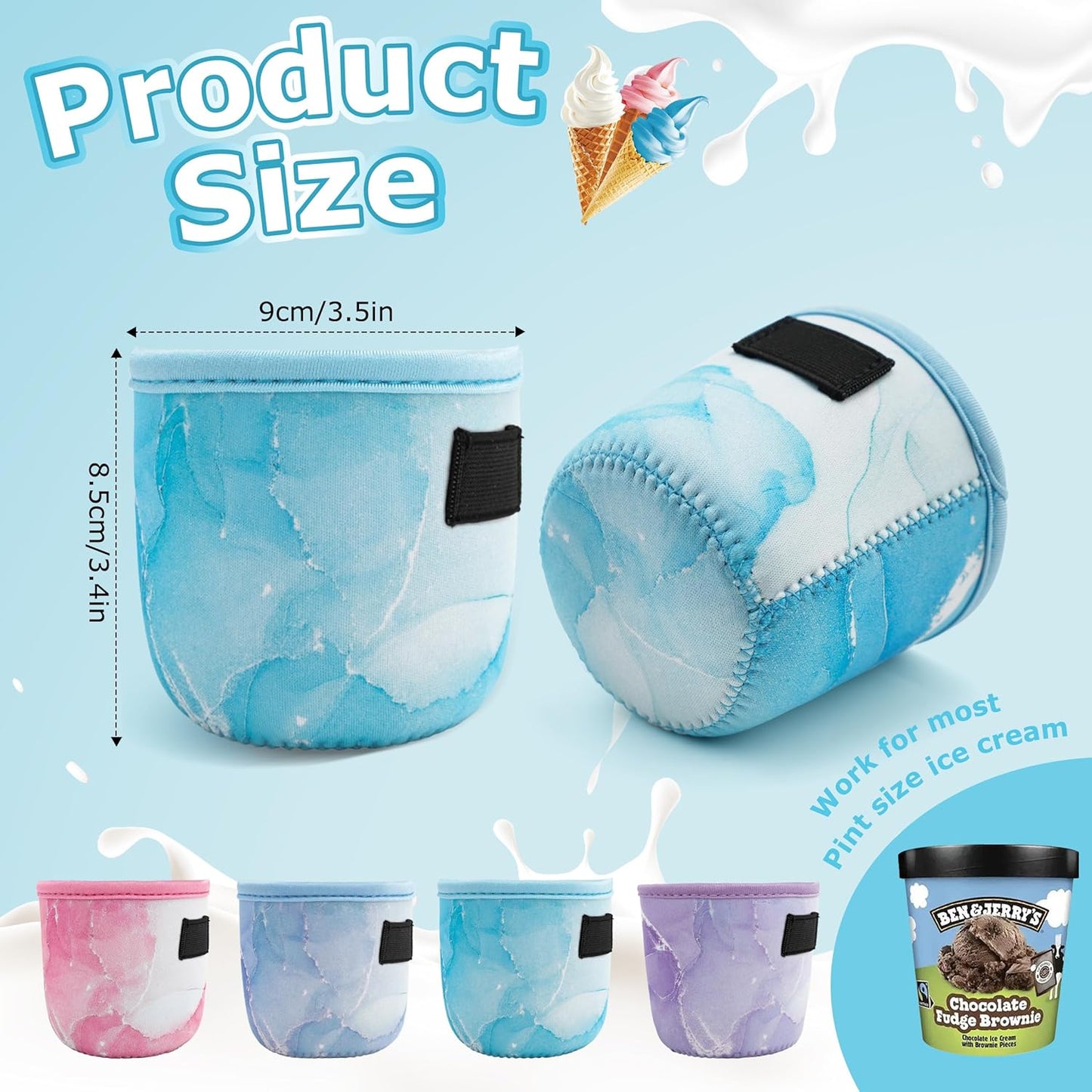 4 Pack Pint Size Ice Cream Sleeves Cozy Neoprene Cover with Spoon Holder Reusable Insulators Cream Sleeves (4 Pack B)
