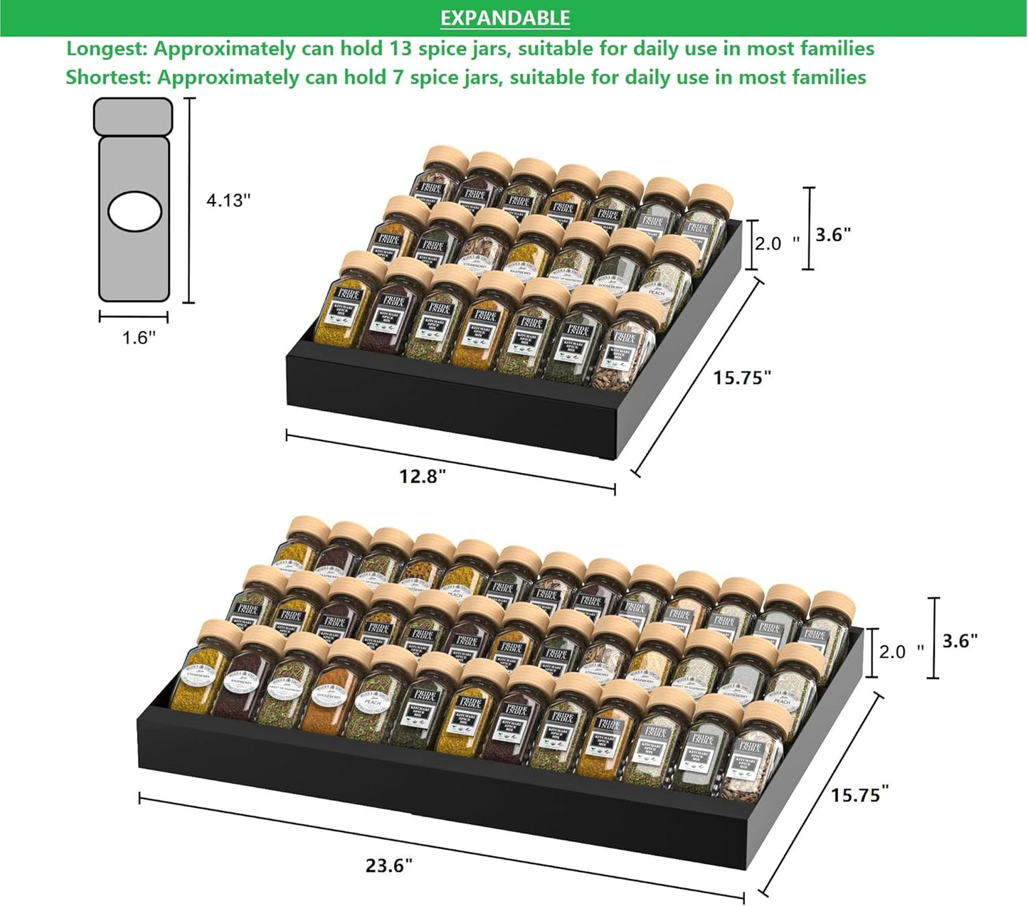 Expandable Metal Spice Drawer Organizer,3-Tier Slanted Seasoning Jars Tray for Kitchen Cabinet Drawers Insert/Countertop (Jars not included)-3Tier,2packs/Black