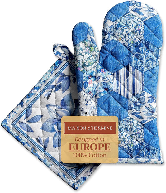 Maison d' Hermine 100% Cotton Oven Mitt & Pot Holder Set (7.5"x13" & 8"x8") Heat Resistant BBQ Cooking Gloves with Loop, Baking, Grilling, Kitchen, Handling Hot Pans Spring/Summer (Summer Blues)