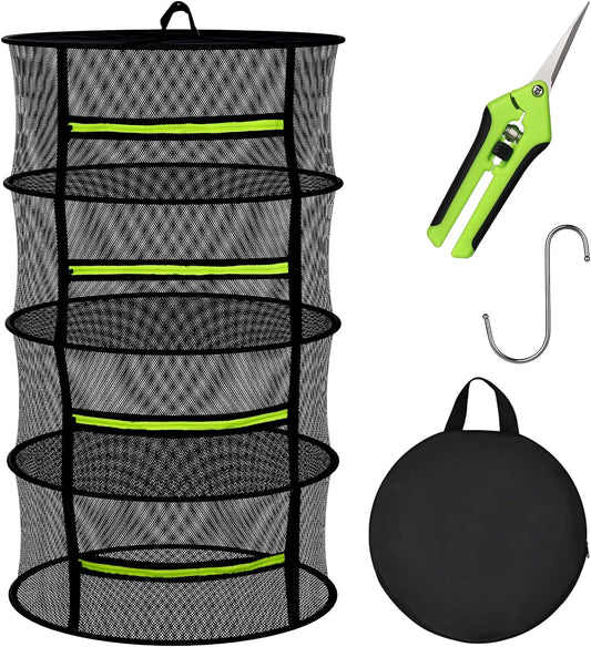 Herb Drying Rack - Mesh Drying Rack - Herb Drying Rack Hanging with Green Zipper & Garden Pruning Shears for Drying Herb - Hanging Drying Rack - Plant Drying Rack (4 Layers)