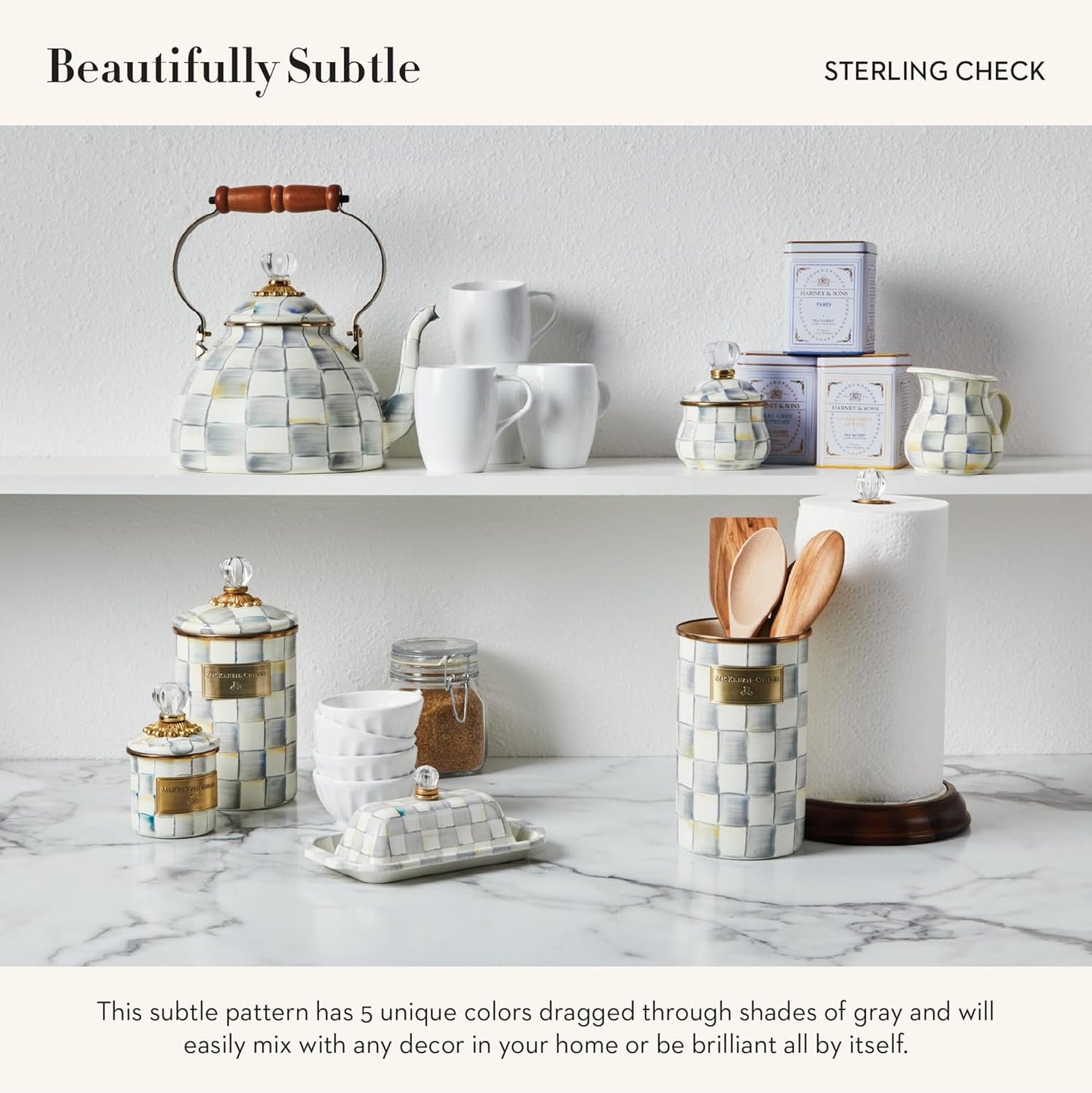 MACKENZIE-CHILDS Enamel Creamer, Creamer Dispenser with Pour Spout, Kitchen Enamelware, 14-Ounce Capacity, Gray-and-White Sterling Check