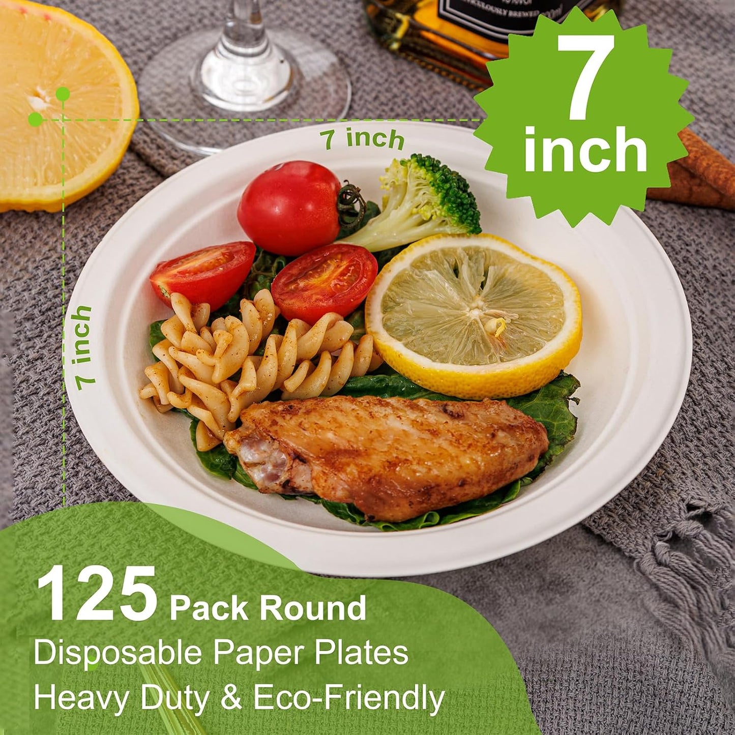 WELLIFE 100% Compostable Paper Plates 7 Inch, 125-Pack Dessert Paper Plates Bulk, Biodegradable Bagasse,Eco-Friendly Disposable Plate Small for BBQ,Picnic,Party (BPI Certified,Microwaveable)