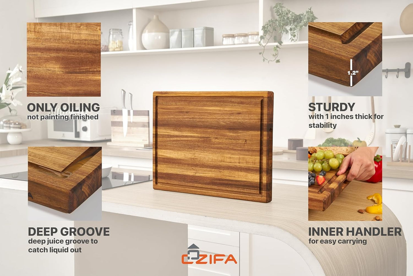 COZIFA- Large Cutting Board Wood Acacia - Thick Wooden Cutting Boards for Kitchen - Wooden Chopping Boards for Kitchen with Juice Groove, Inner Handle, Natural Oil Wax Finish - 17x12 x1.2inches