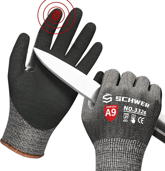 Schwer ProGuard Highest Level Cut Resistant Work Gloves PR3326 for Extreme Protection, ANSI A9 Cut Gloves with Reinforced Thumb, Non Slip, Cooling, Durable, Touch-screen, Non PFAS, Black 2 Pairs（S）